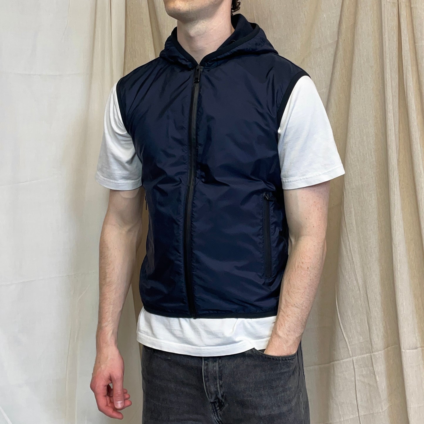 Prada Sport Navy 2018 Nylon Panelled Hooded Gilet Vest