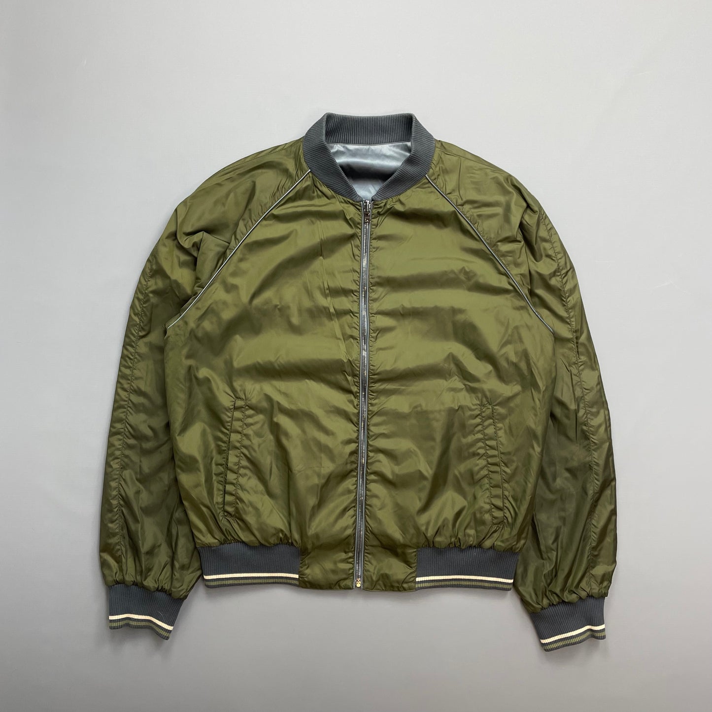 Prada Silver/Khaki Reversible 2010 Nylon Lightweight Bomber Jacket