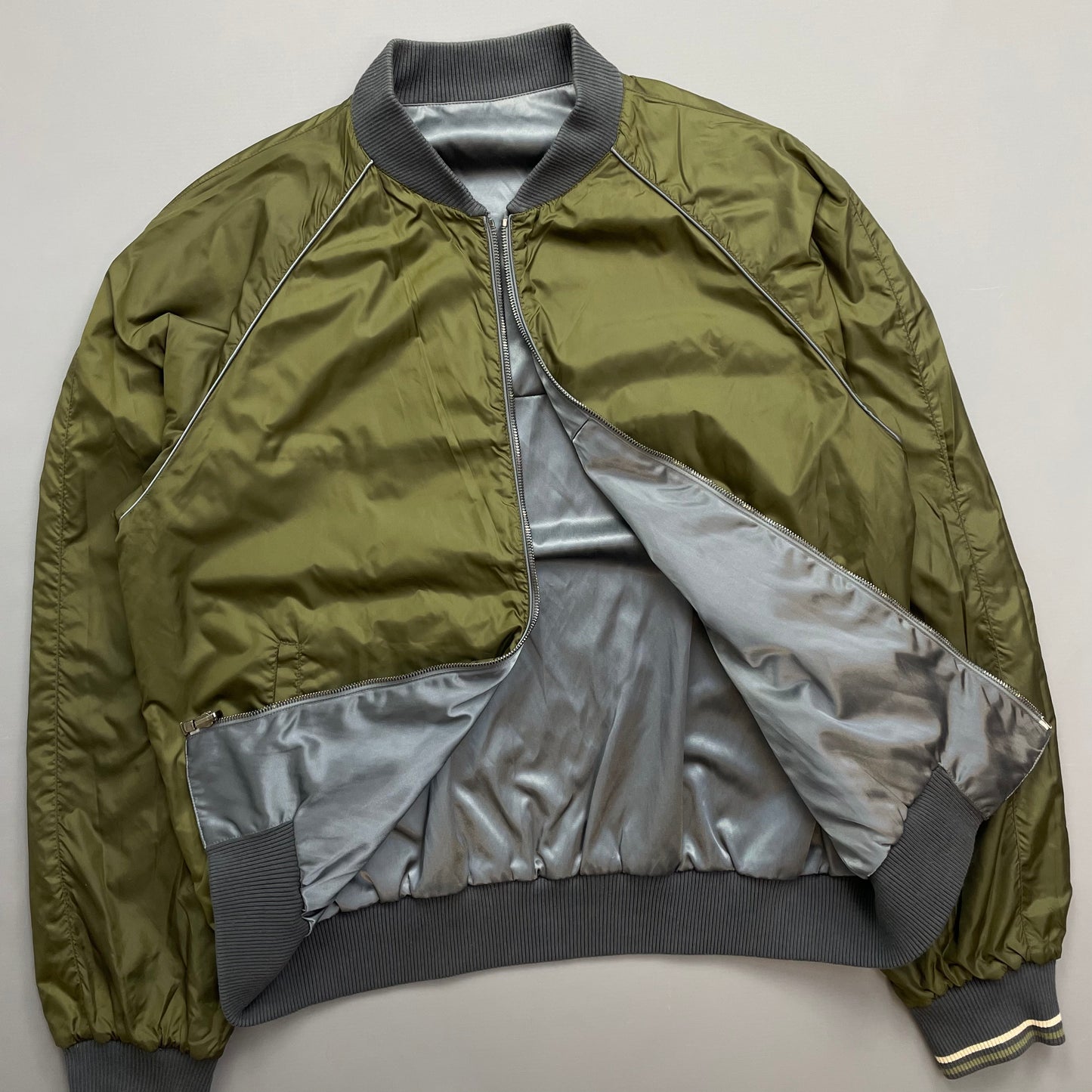Prada Silver/Khaki Reversible 2010 Nylon Lightweight Bomber Jacket