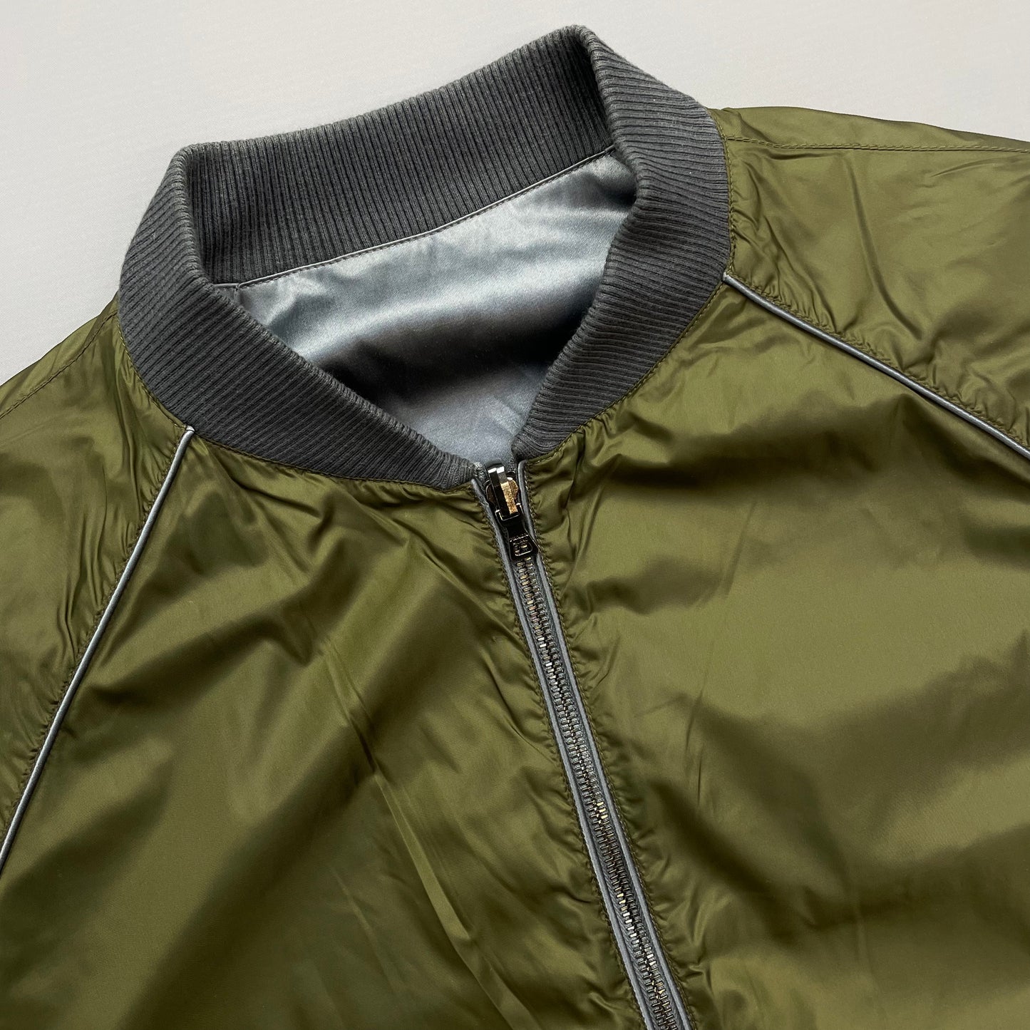 Prada Silver/Khaki Reversible 2010 Nylon Lightweight Bomber Jacket