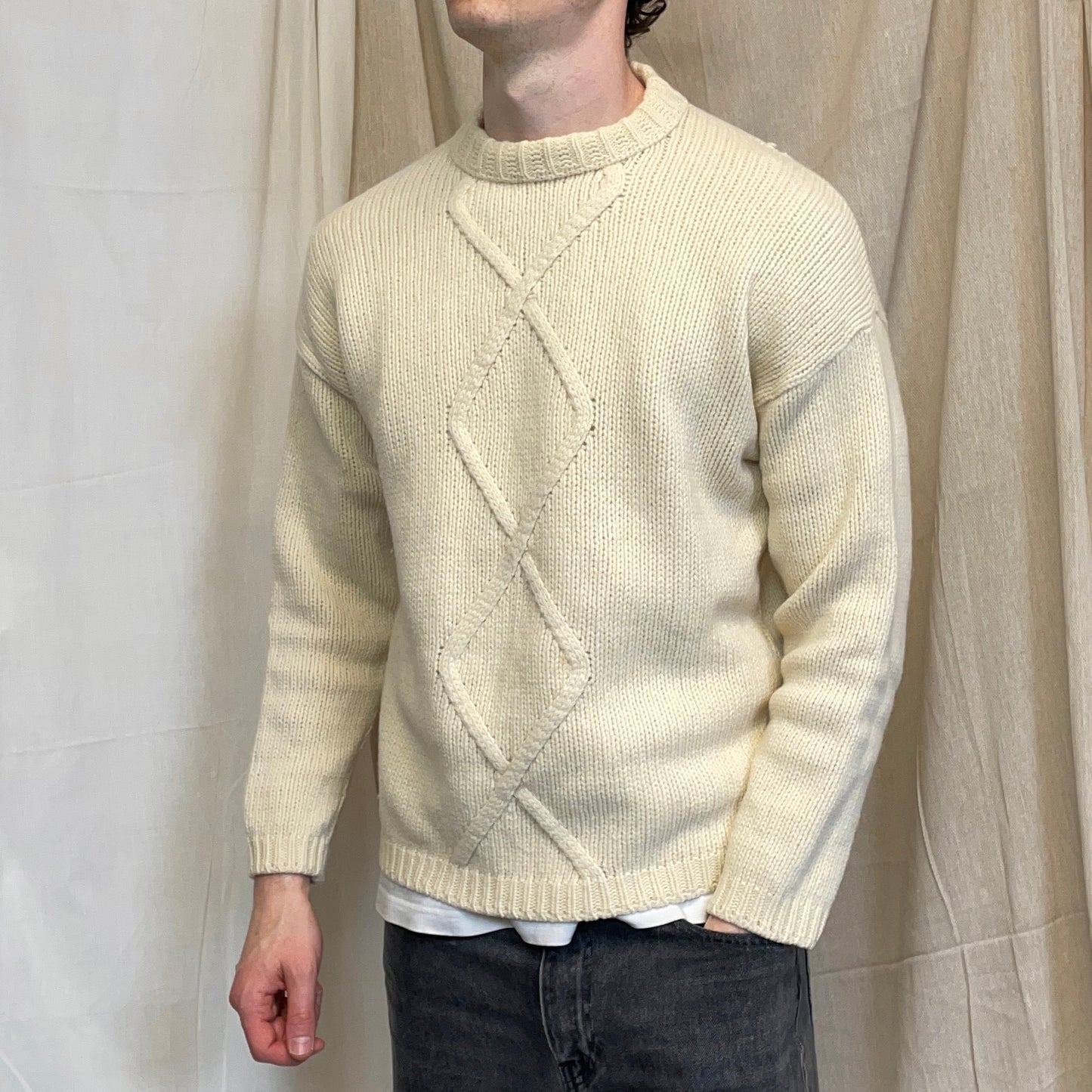 Stone Island Cream 80s Chunky Cable Knit Wool Crewneck Jumper