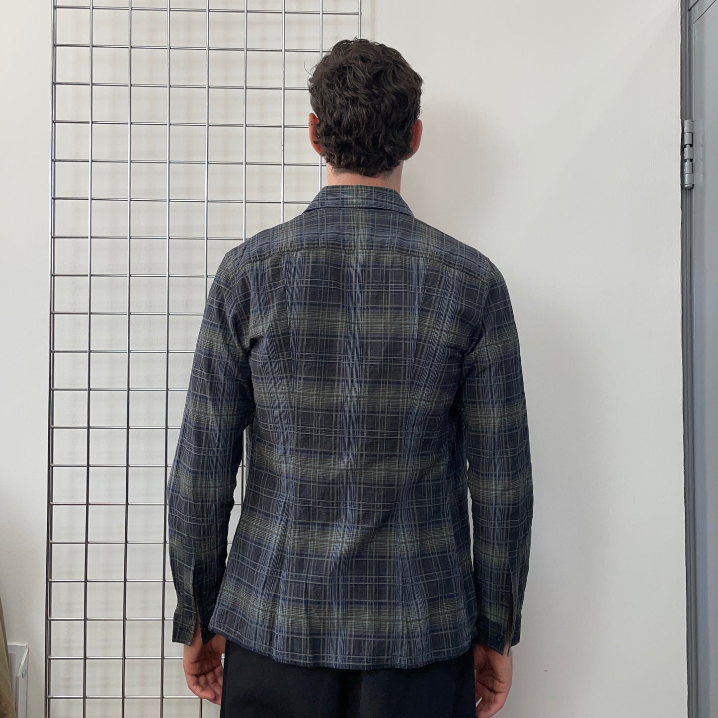 Armani Jeans Navy Grey & Green 00s Ribbed Check Shirt