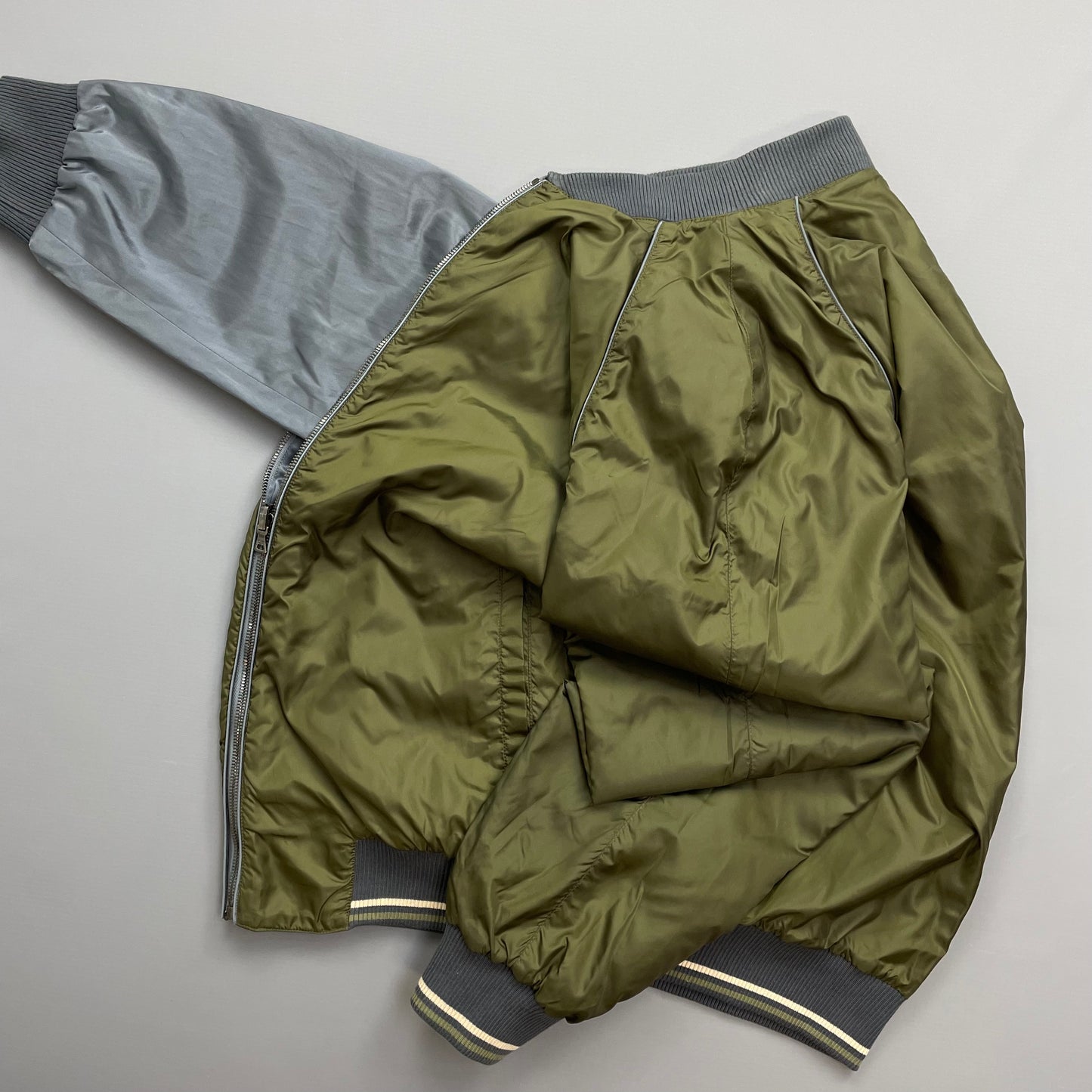 Prada Silver/Khaki Reversible 2010 Nylon Lightweight Bomber Jacket