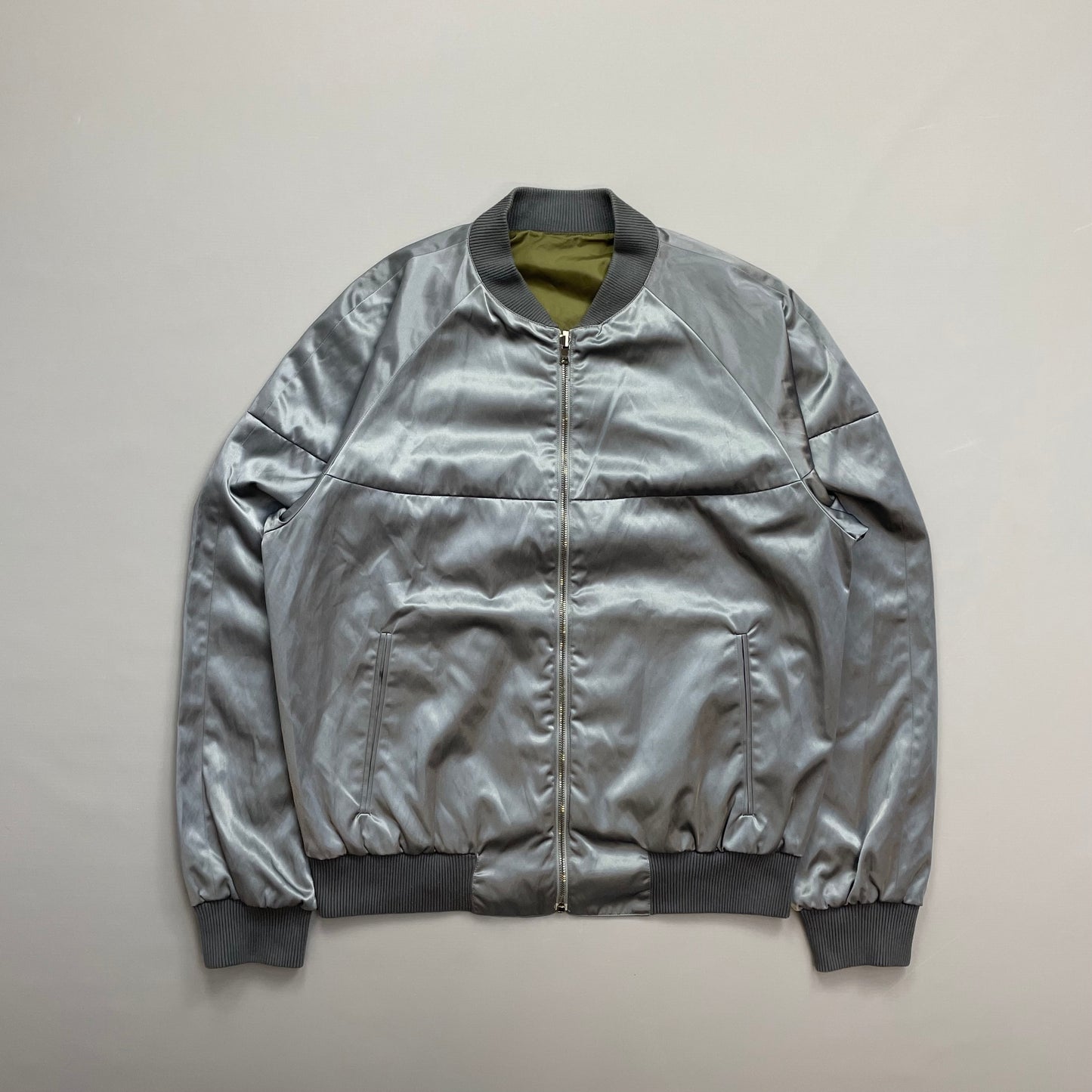 Prada Silver/Khaki Reversible 2010 Nylon Lightweight Bomber Jacket