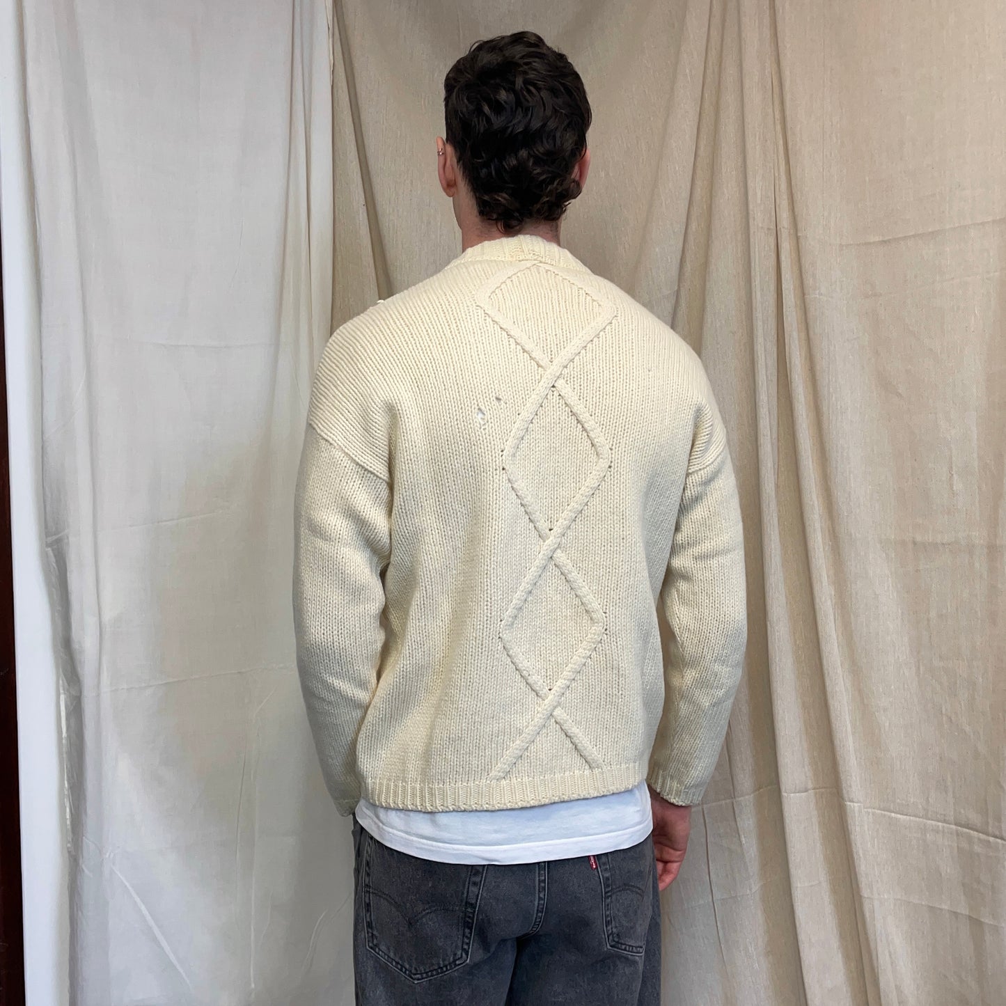 Stone Island Cream 80s Chunky Cable Knit Wool Crewneck Jumper