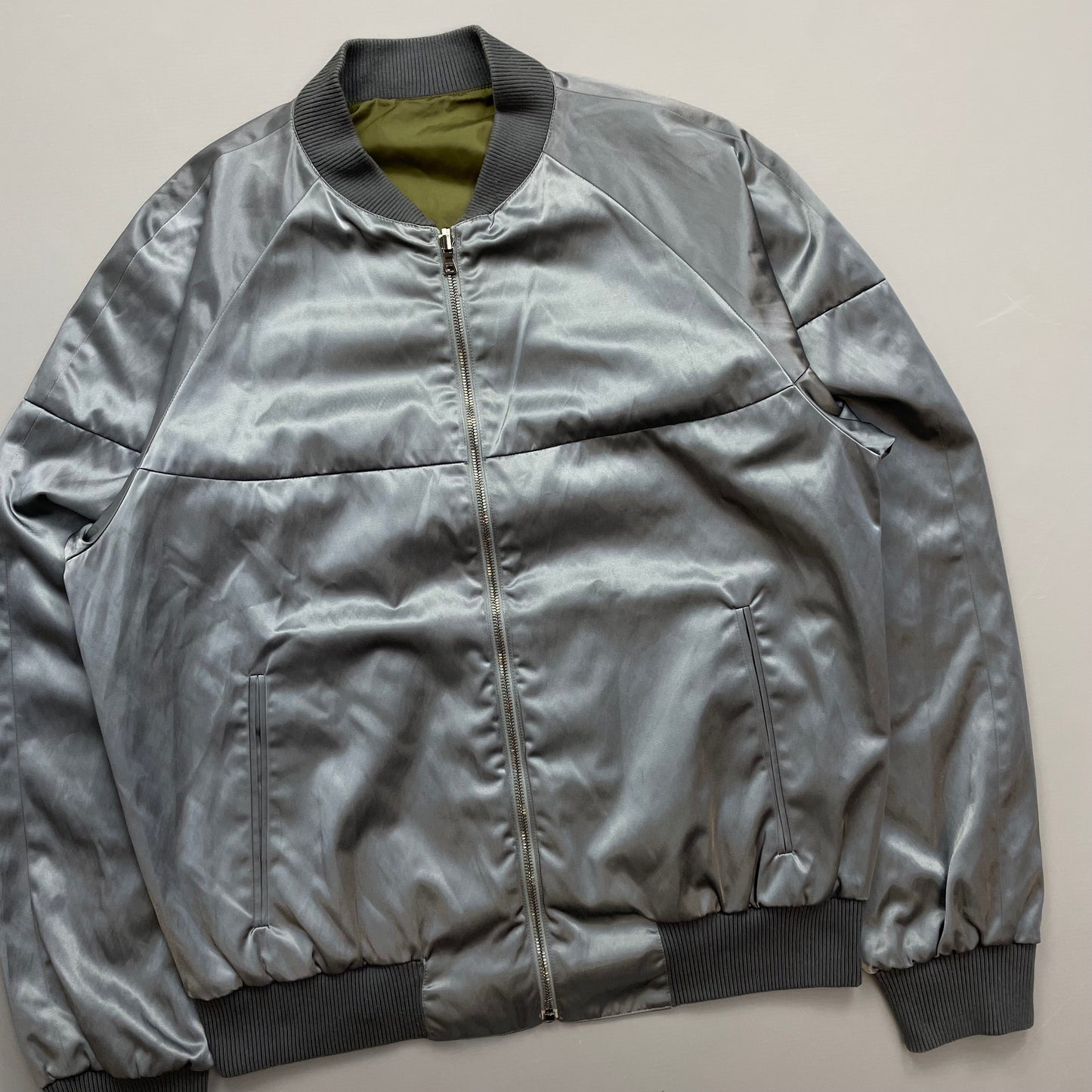 Prada Silver/Khaki Reversible 2010 Nylon Lightweight Bomber Jacket