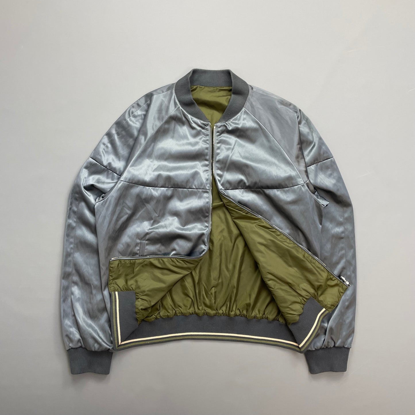 Prada Silver/Khaki Reversible 2010 Nylon Lightweight Bomber Jacket