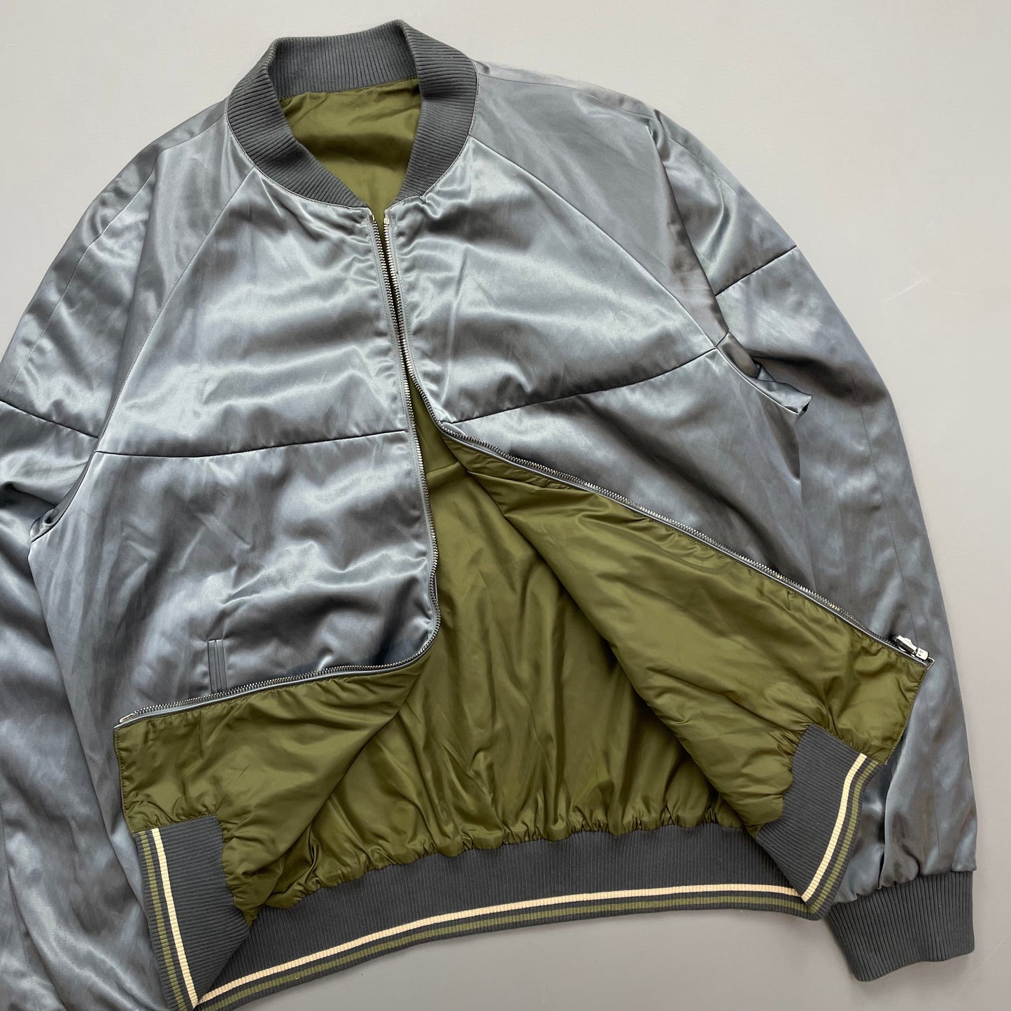 Prada Silver/Khaki Reversible 2010 Nylon Lightweight Bomber Jacket