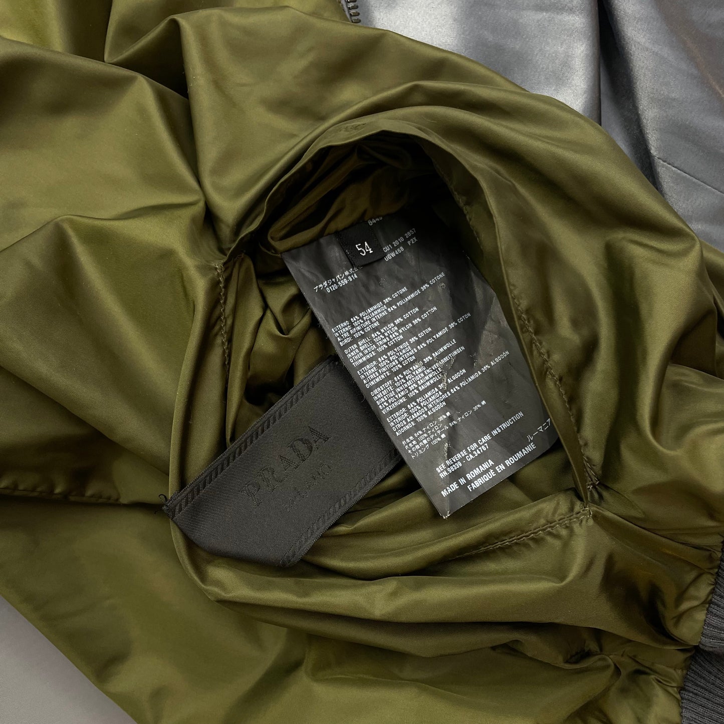 Prada Silver/Khaki Reversible 2010 Nylon Lightweight Bomber Jacket