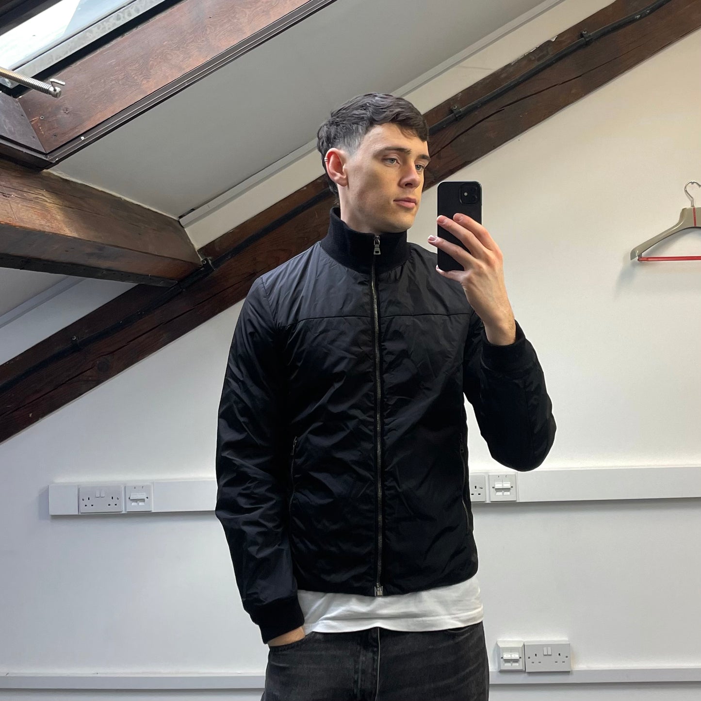 Prada Sport Black 2006 Leather Tab Nylon Padded Harrington Jacket