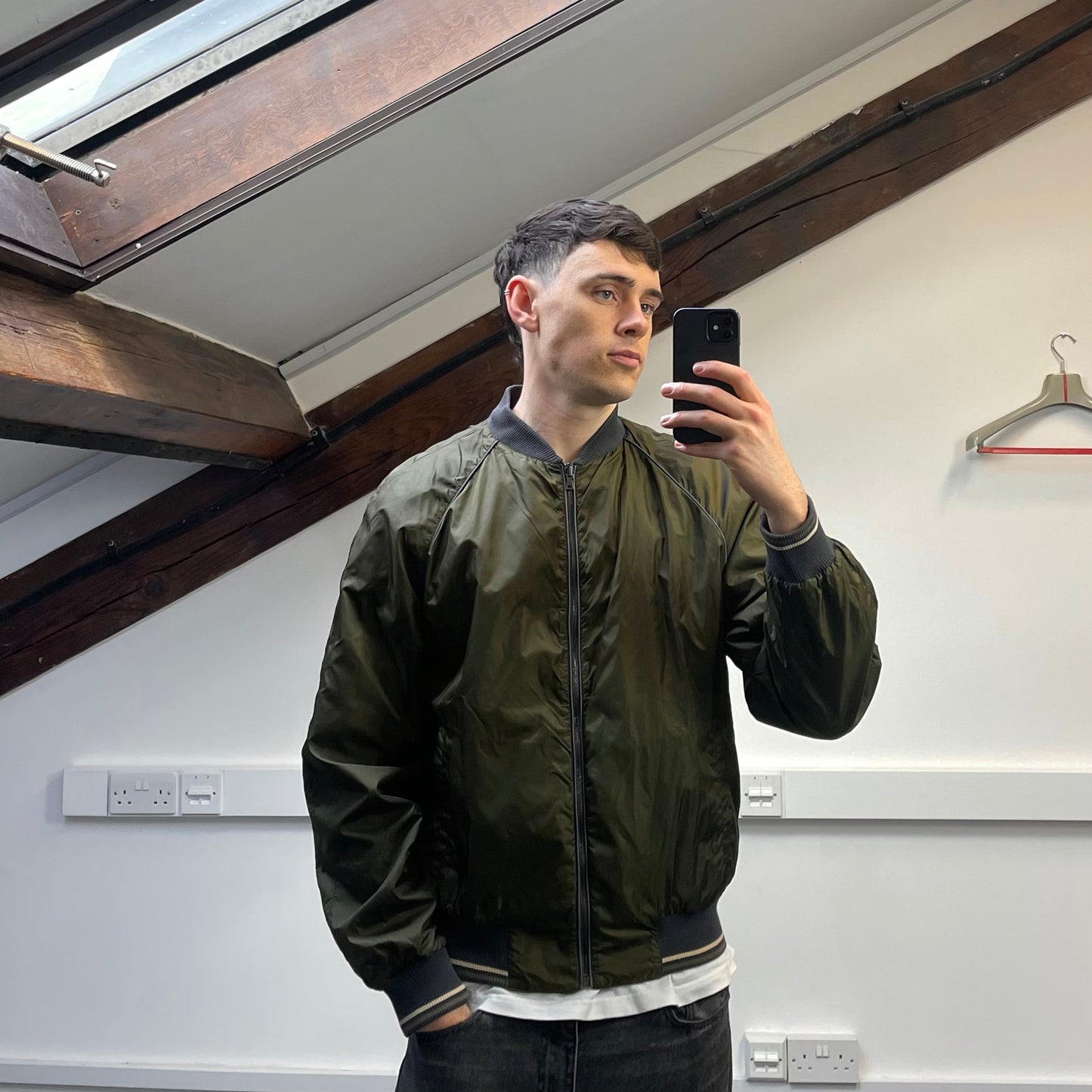 Prada Silver/Khaki Reversible 2010 Nylon Lightweight Bomber Jacket