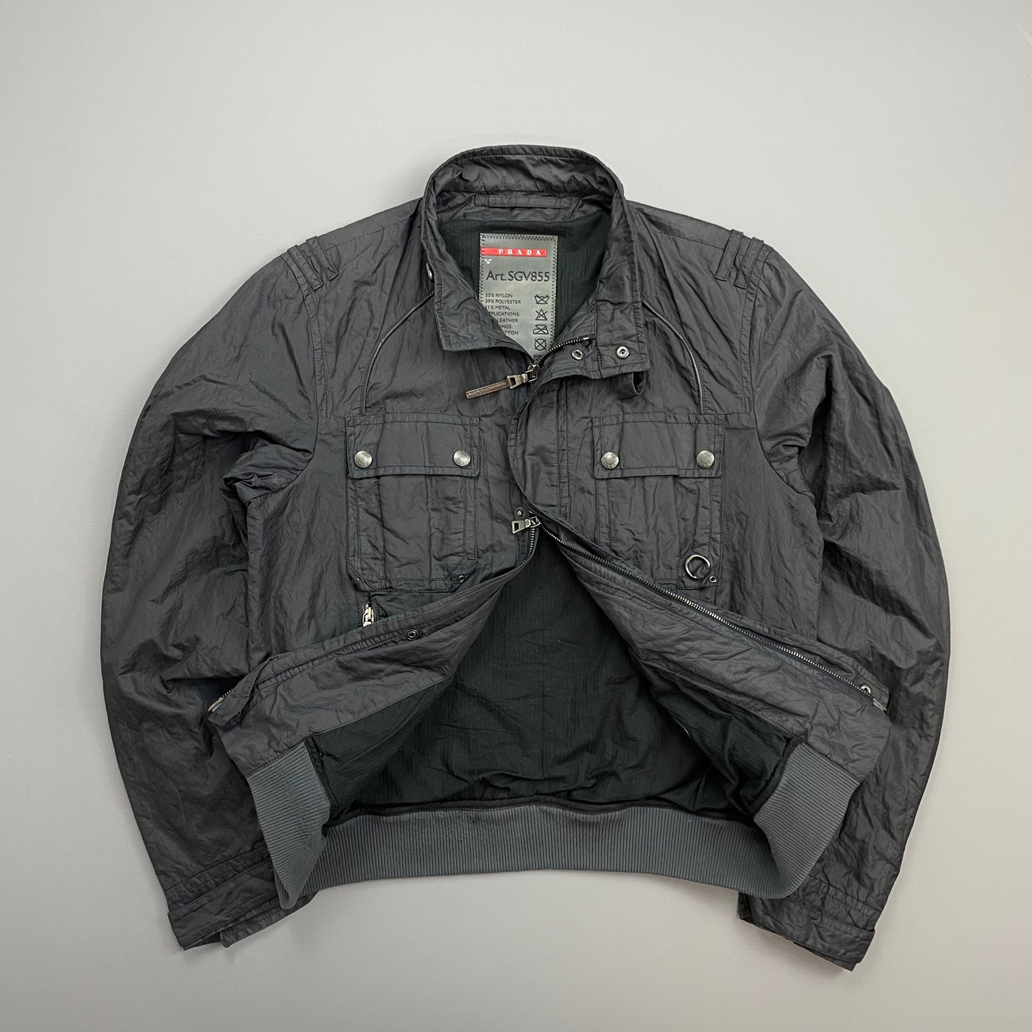 Prada Sport Grey/Navy 2006 Nylon Mixed Metal Biker Jacket