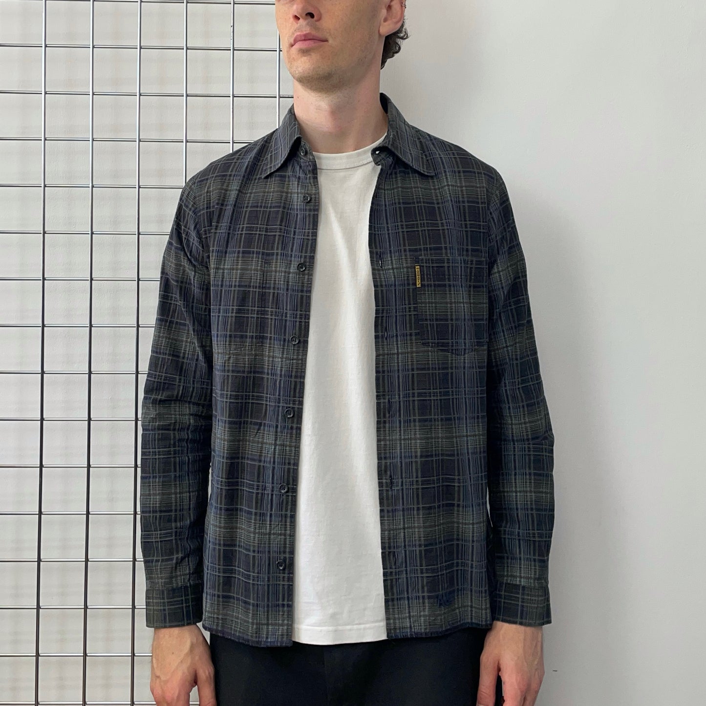 Armani Jeans Navy Grey & Green 00s Ribbed Check Shirt