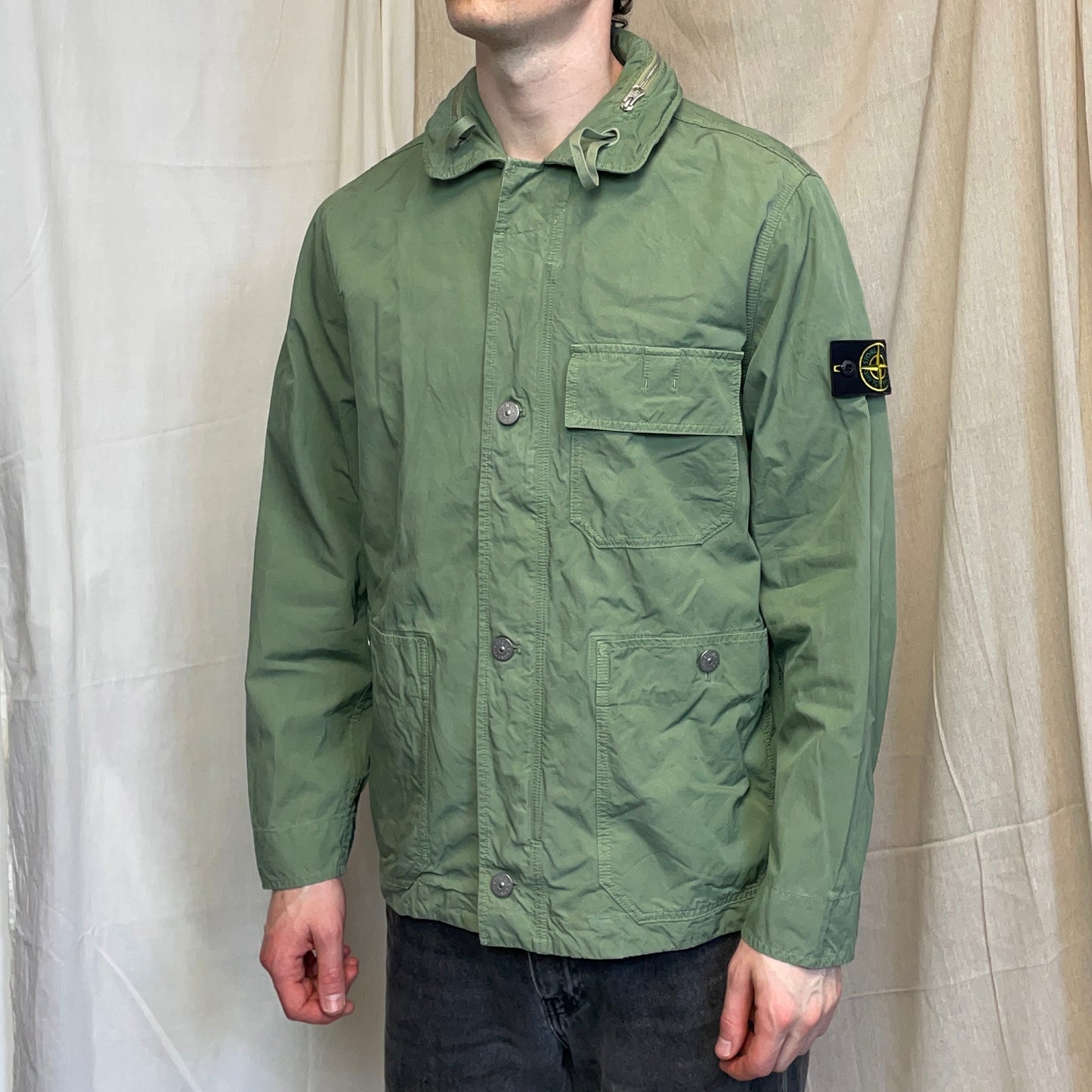 Stone Island Green SS23 Lightweight Cupro Cotton Twill-TC Concealed Hood Chore Jacket