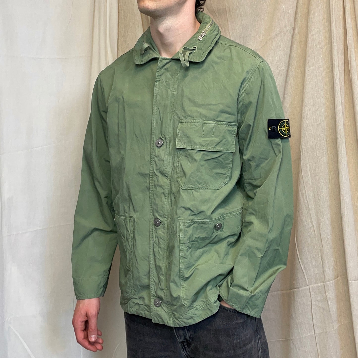 Stone Island Green SS23 Lightweight Cupro Cotton Twill-TC Concealed Hood Chore Jacket