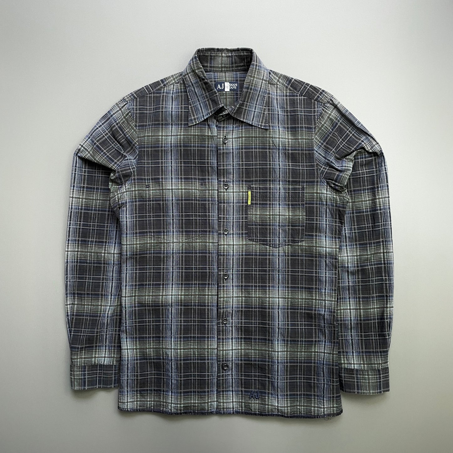 Armani Jeans Navy Grey & Green 00s Ribbed Check Shirt