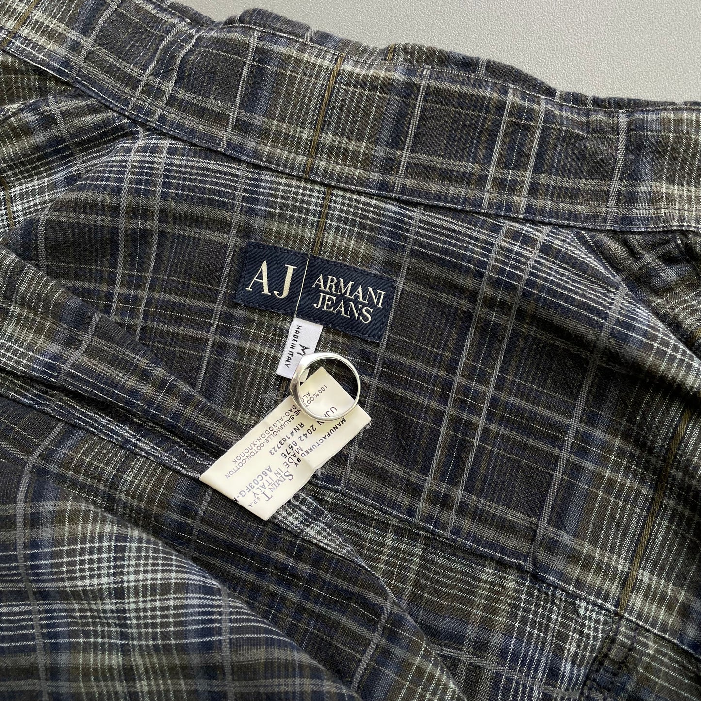 Armani Jeans Navy Grey & Green 00s Ribbed Check Shirt