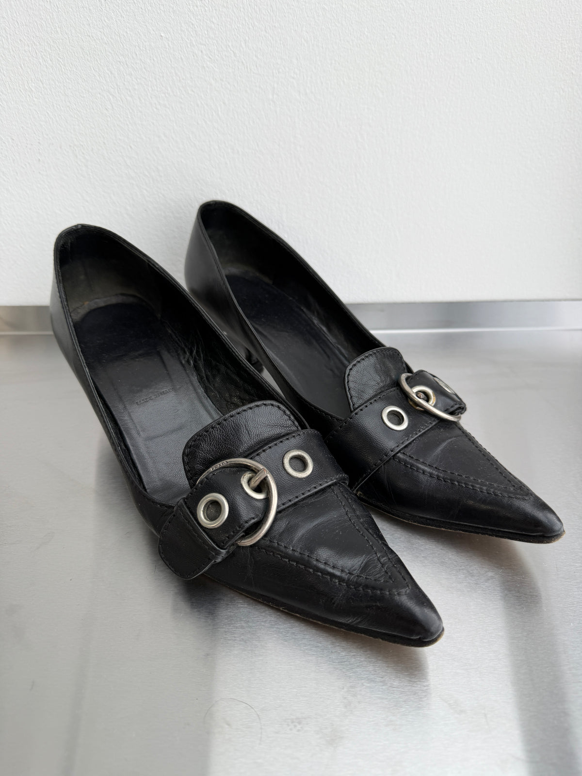 Prada Leather Buckle Kitten Heels