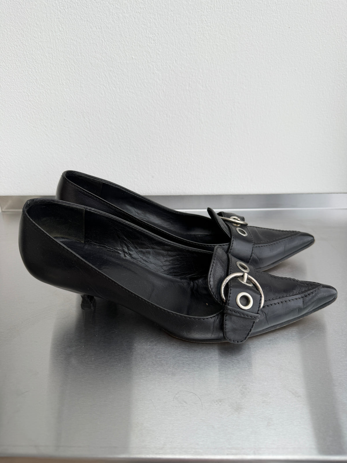 Prada Leather Buckle Kitten Heels