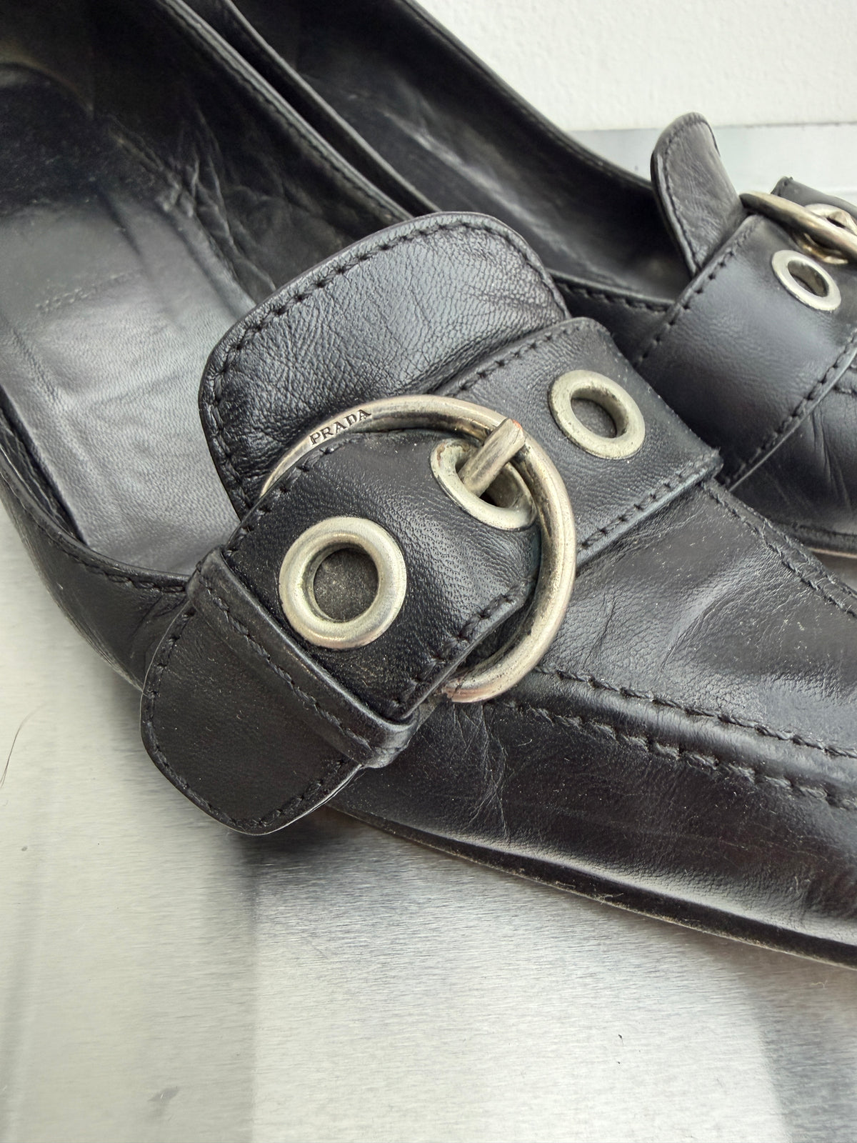 Prada Leather Buckle Kitten Heels