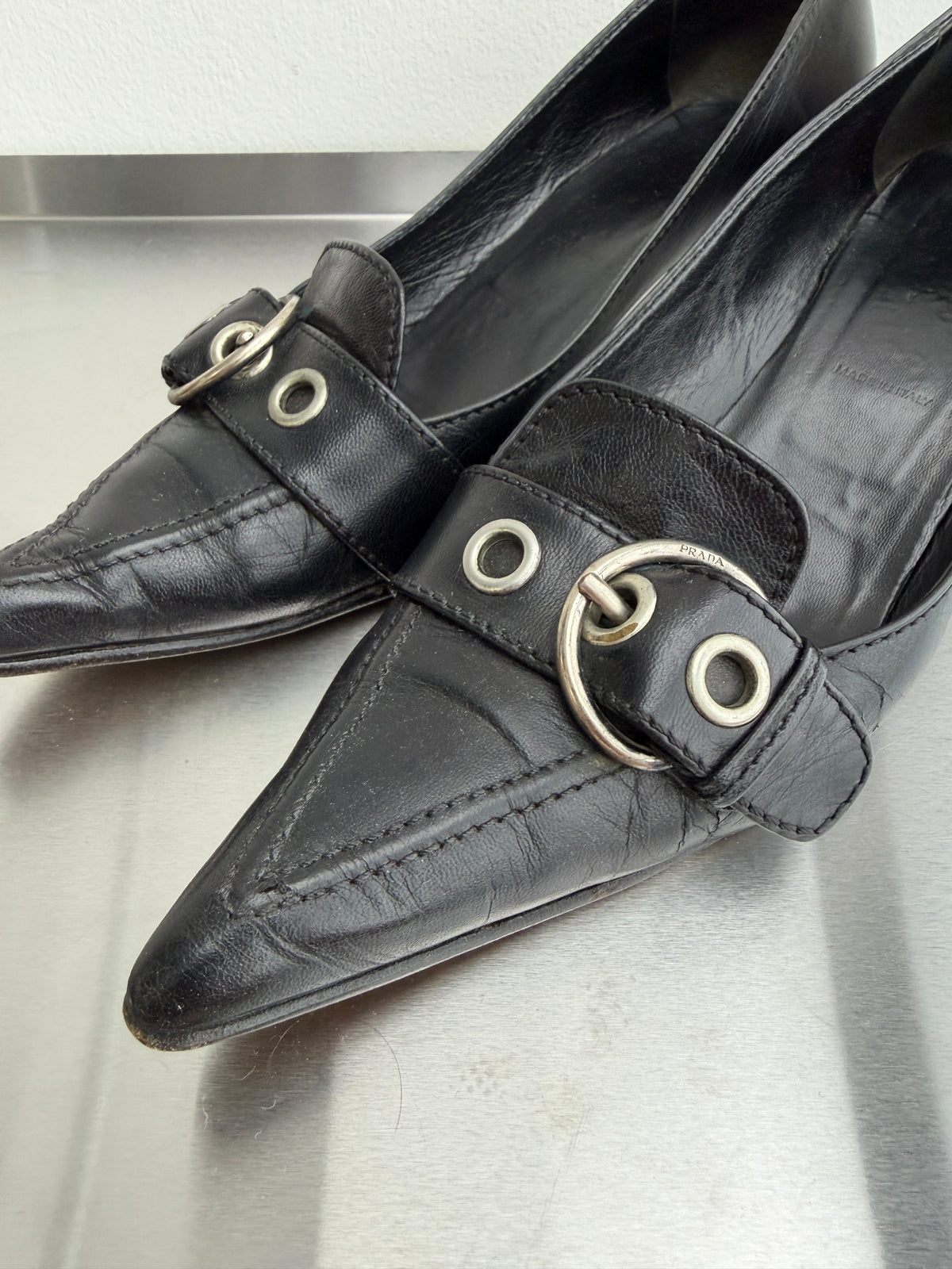 Prada Leather Buckle Kitten Heels