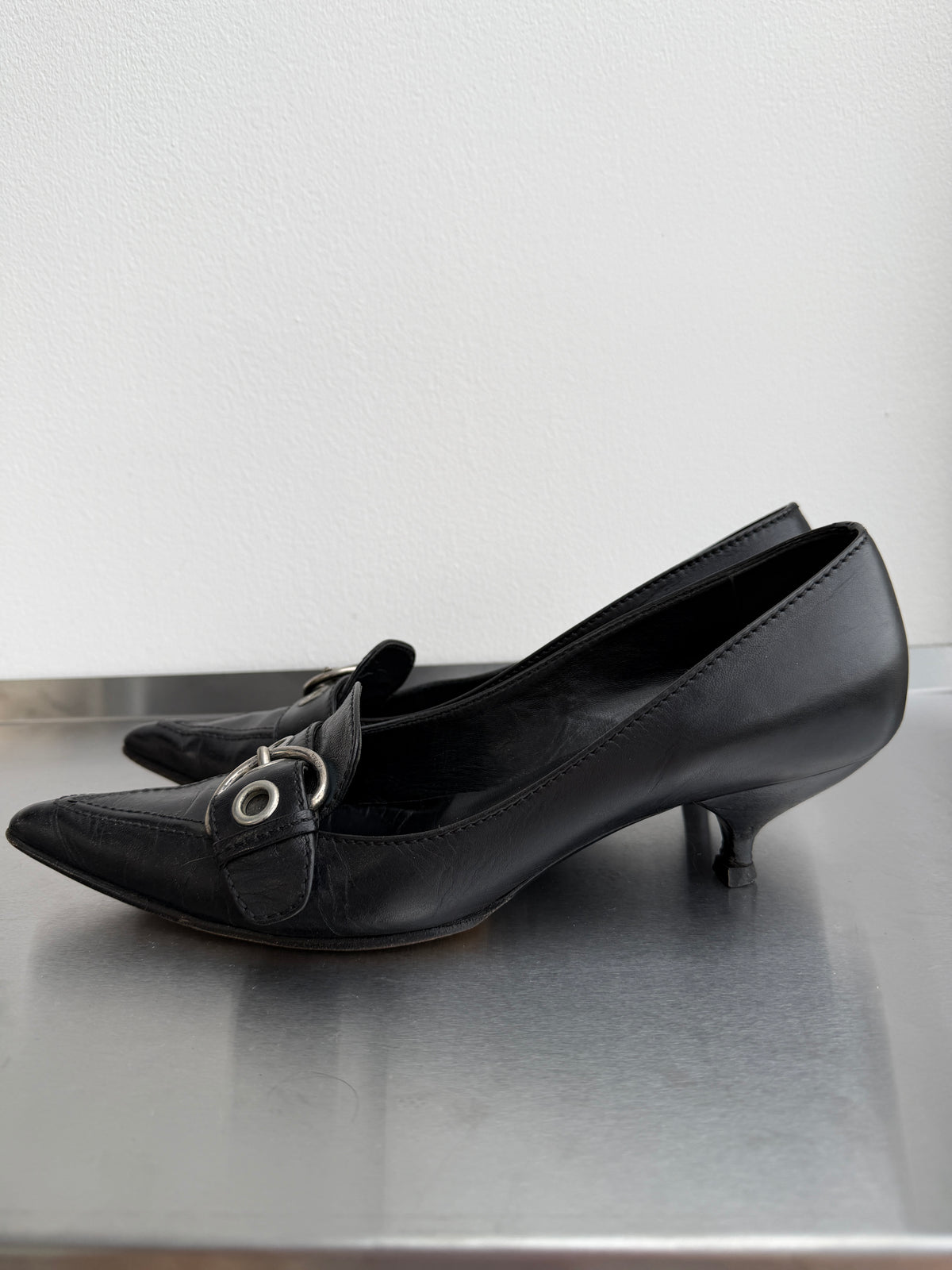 Prada Leather Buckle Kitten Heels