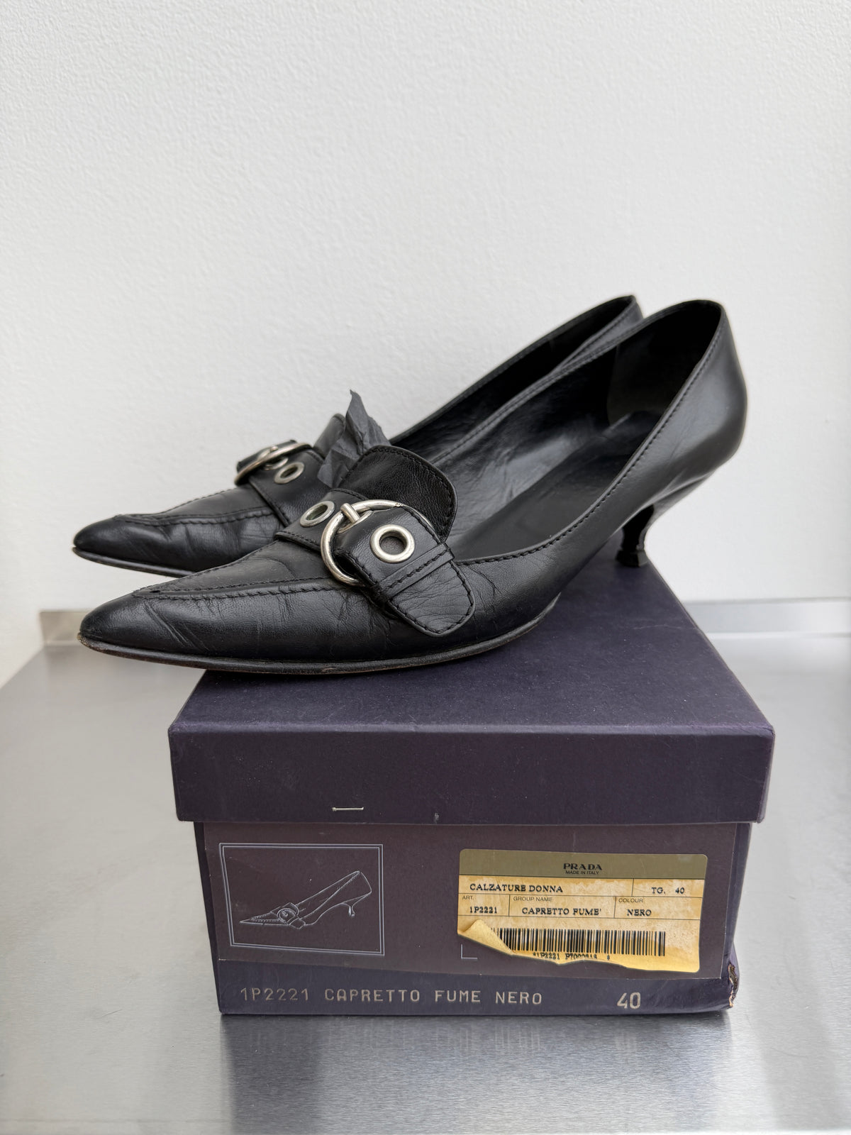 Prada Leather Buckle Kitten Heels