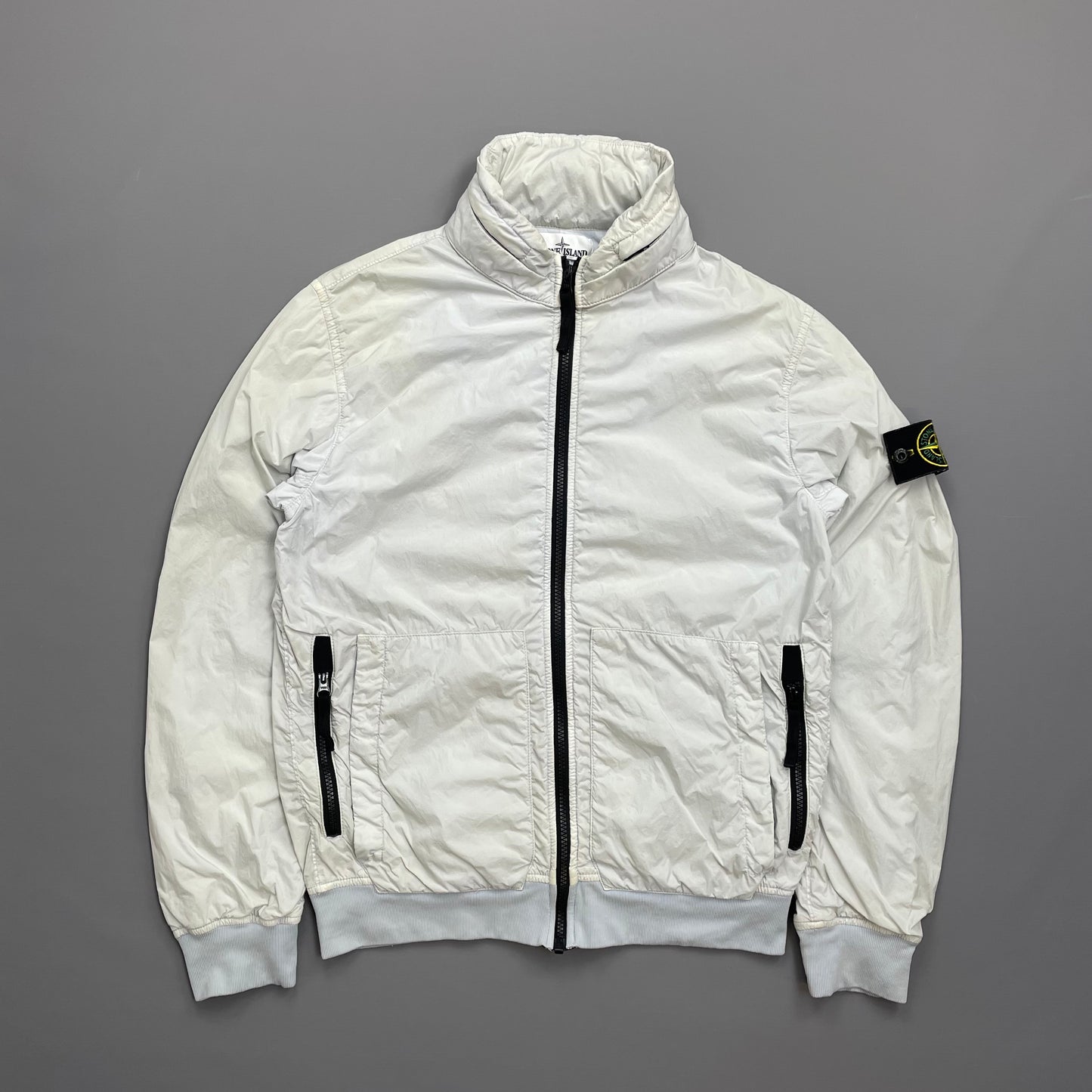 Stone Island White SS20 Garment Dyed Crinkle Reps Concealed Hood Jacket