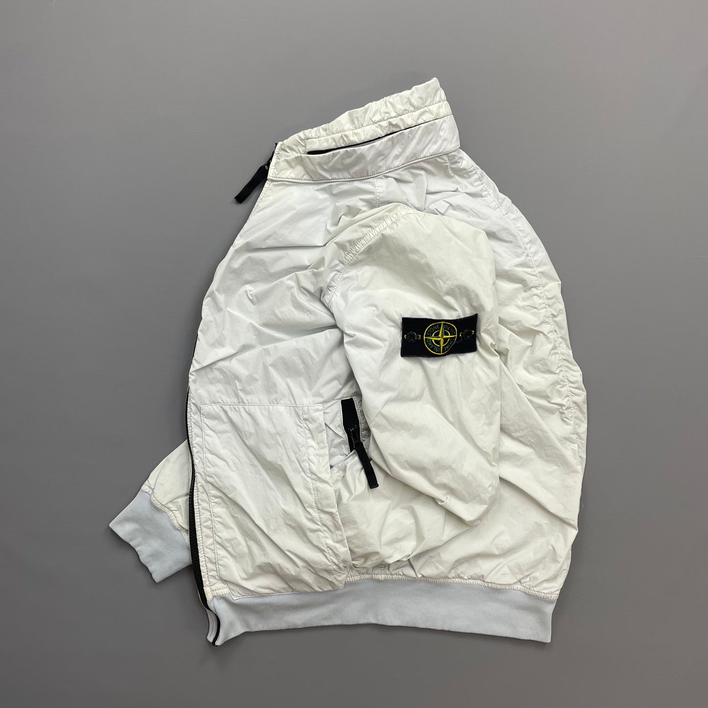 Stone Island White SS20 Garment Dyed Crinkle Reps Concealed Hood Jacket