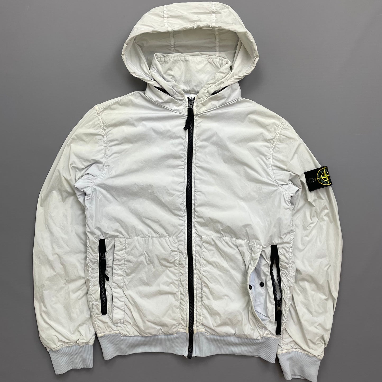 Stone Island White SS20 Garment Dyed Crinkle Reps Concealed Hood Jacket