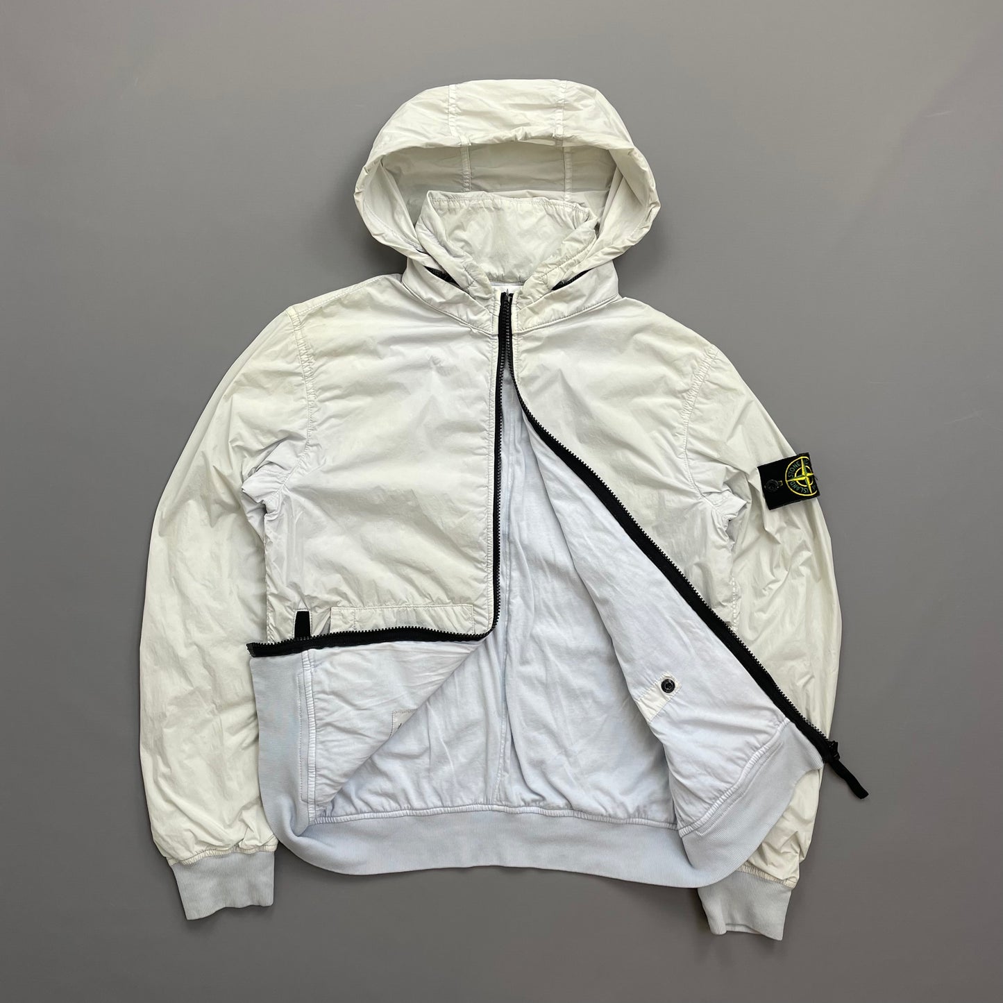 Stone Island White SS20 Garment Dyed Crinkle Reps Concealed Hood Jacket