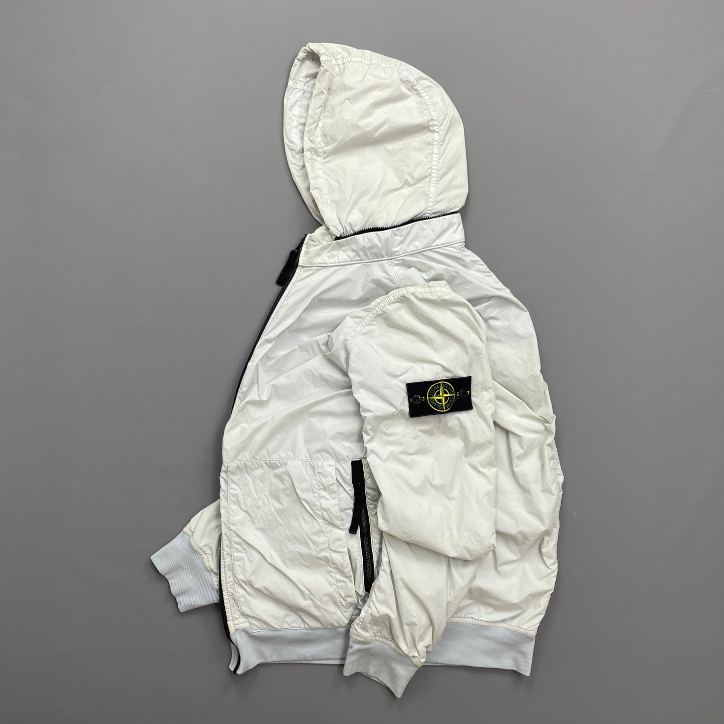 Stone Island White SS20 Garment Dyed Crinkle Reps Concealed Hood Jacket