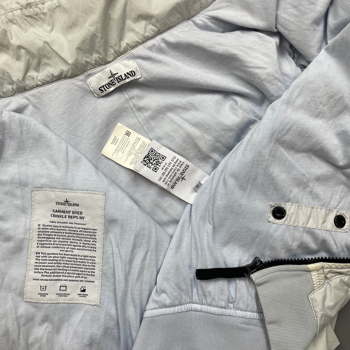 Stone Island White SS20 Garment Dyed Crinkle Reps Concealed Hood Jacket