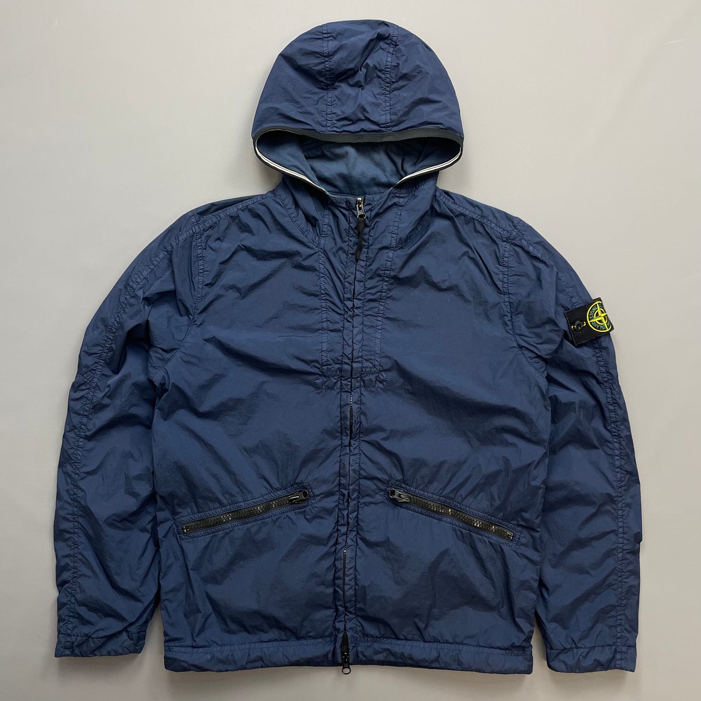 Stone Island Blue SS19 Garment Dyed Crinkle Reps NY Lined Hooded Jacket