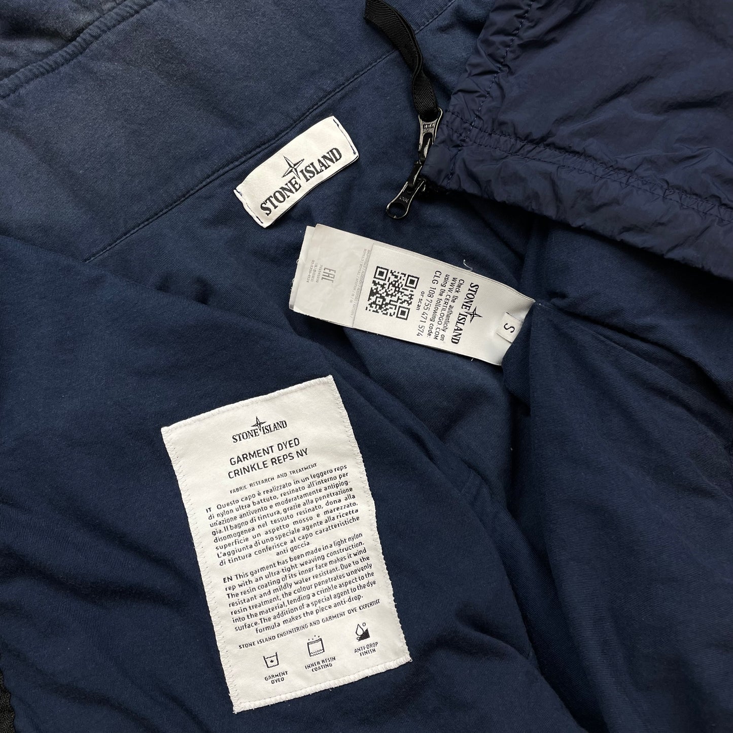 Stone Island Blue SS19 Garment Dyed Crinkle Reps NY Lined Hooded Jacket
