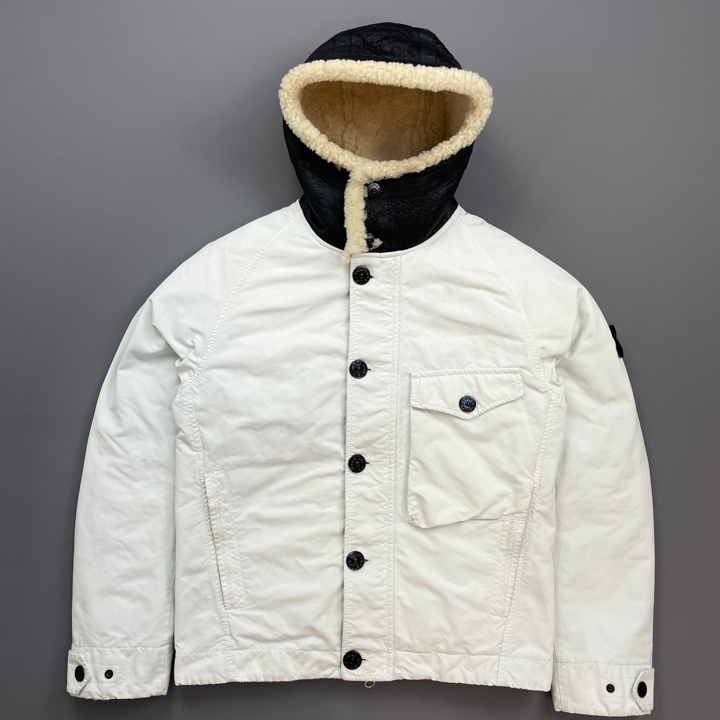 Stone Island White AW17 David-TC Sheep Leather Sheerling Hood Down Puffer Lined Jacket