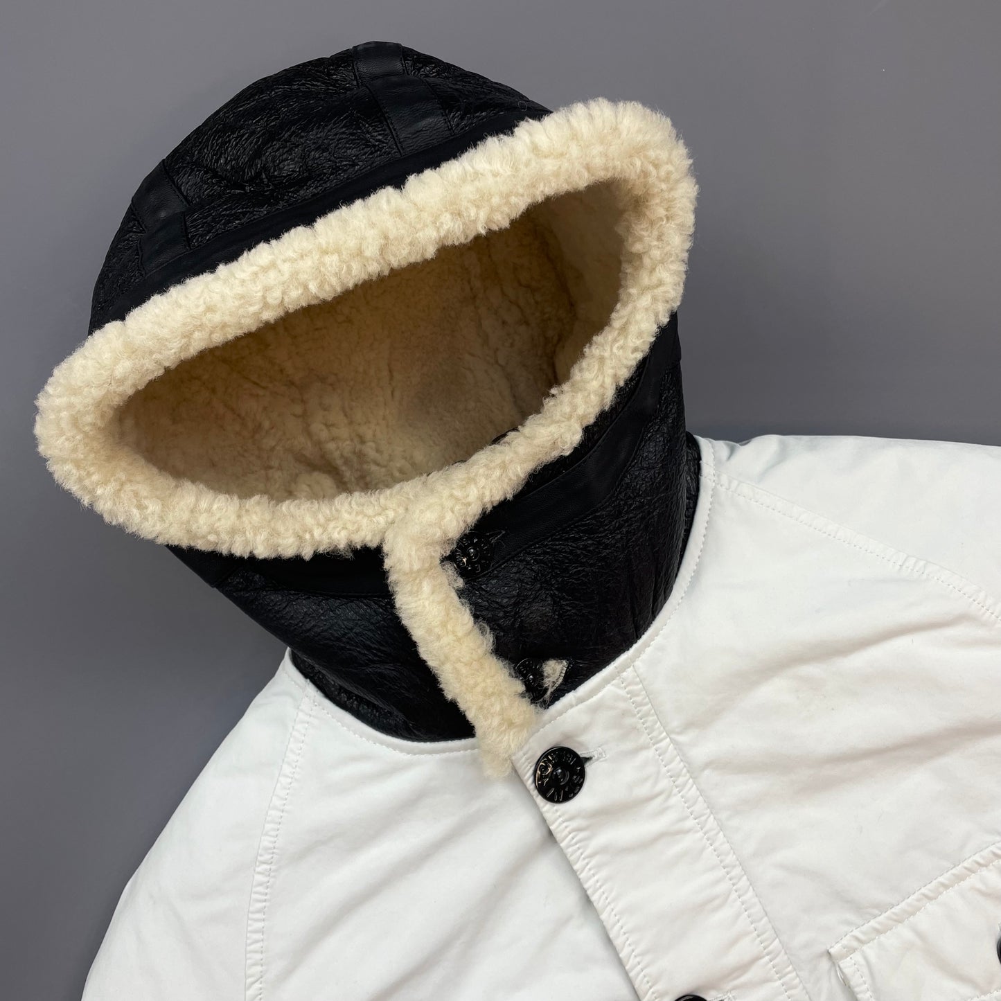 Stone Island White AW17 David-TC Sheep Leather Sheerling Hood Down Puffer Lined Jacket