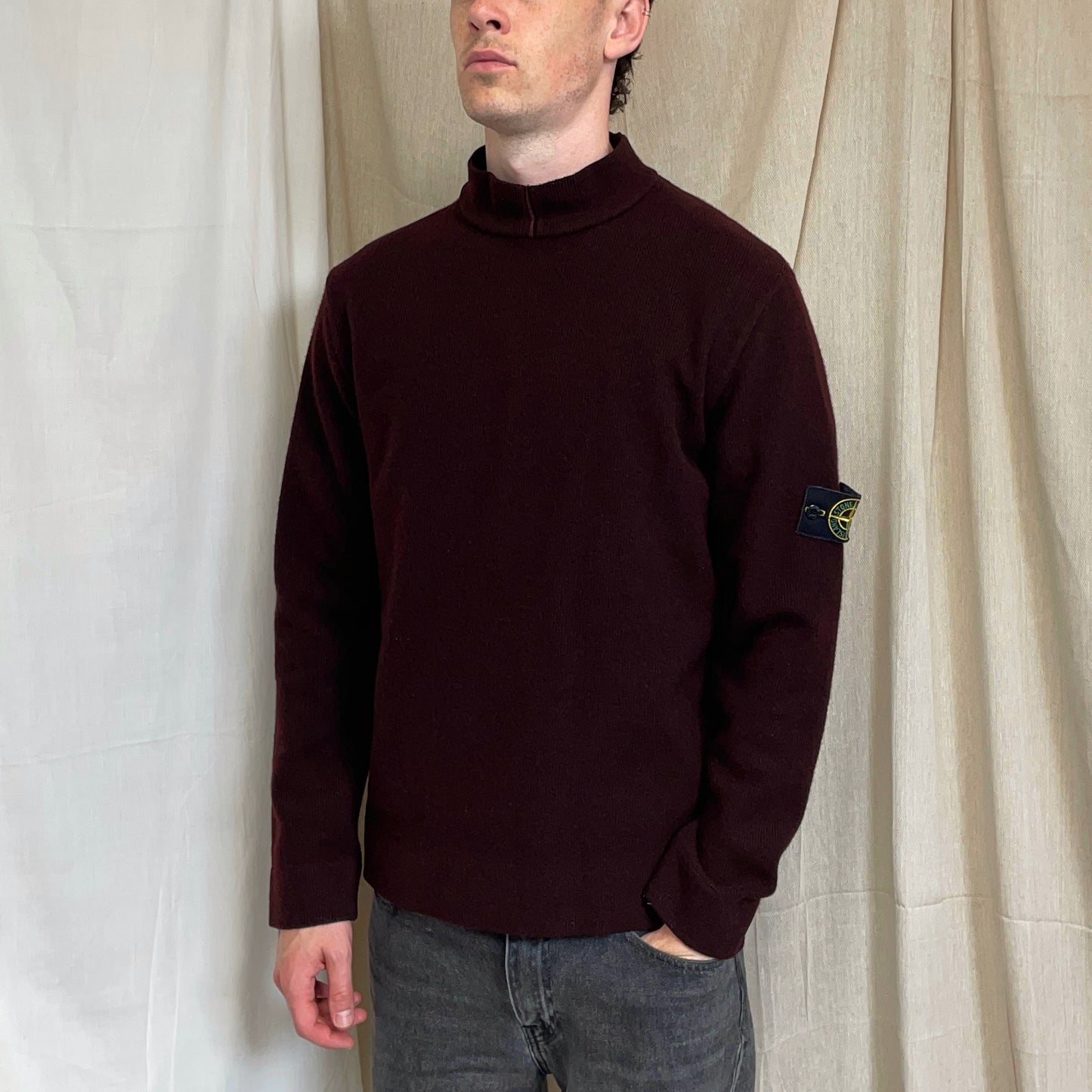 Stone Island Burgundy AW02 Wool Blend Fine Rib Knit Mockneck Jumper