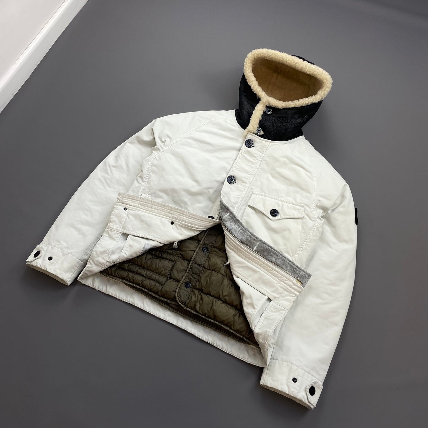 Stone Island White AW17 David-TC Sheep Leather Sheerling Hood Down Puffer Lined Jacket