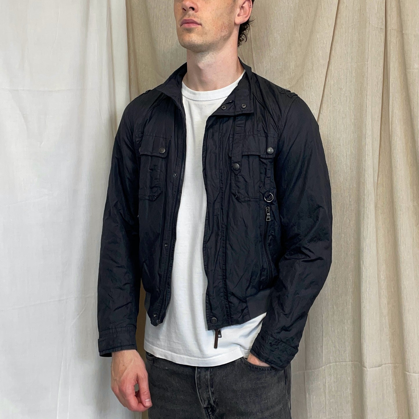 Prada Sport Grey/Navy 2006 Nylon Mixed Metal Biker Jacket