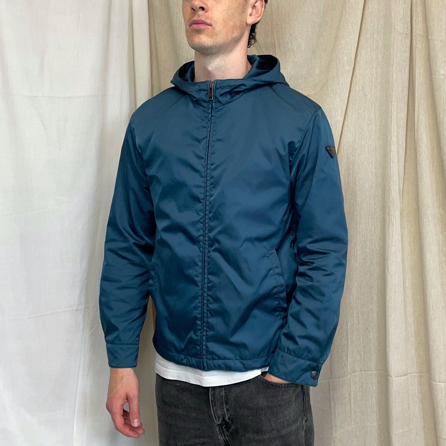Prada Mainline Teal Blue 2014 Nylon Hooded Plaque Jacket