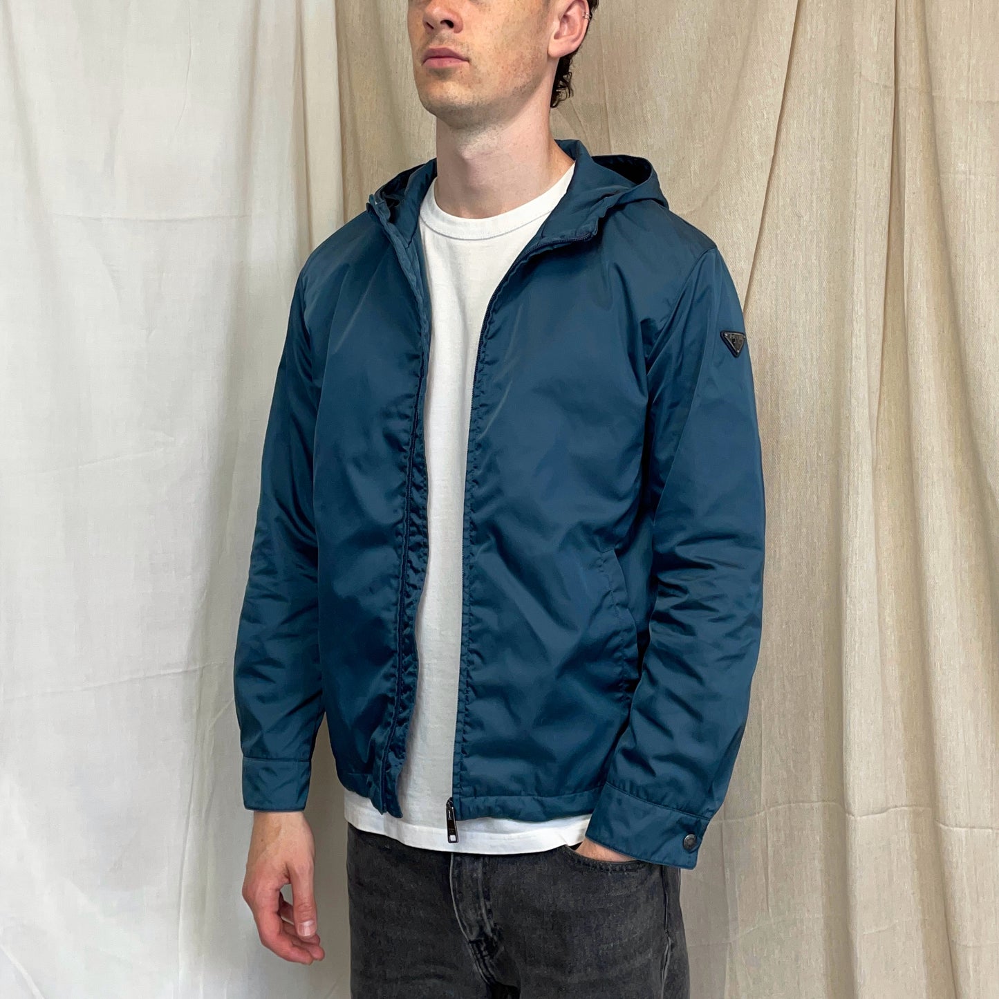 Prada Mainline Teal Blue 2014 Nylon Hooded Plaque Jacket