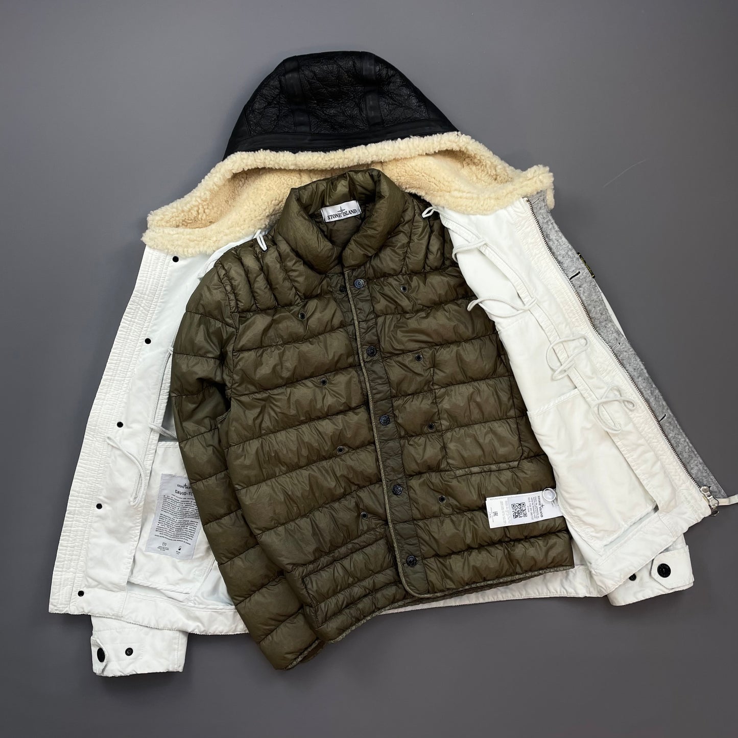 Stone Island White AW17 David-TC Sheep Leather Sheerling Hood Down Puffer Lined Jacket