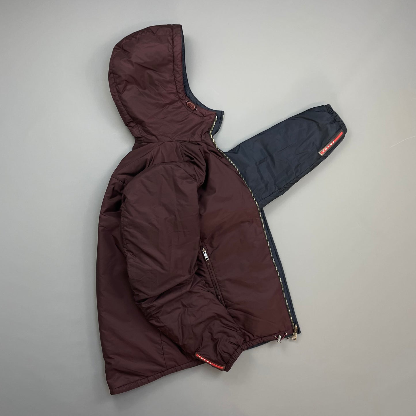 Prada Sport Navy & Burgundy 2018 Nylon Reversible Padded Hooded Jacket
