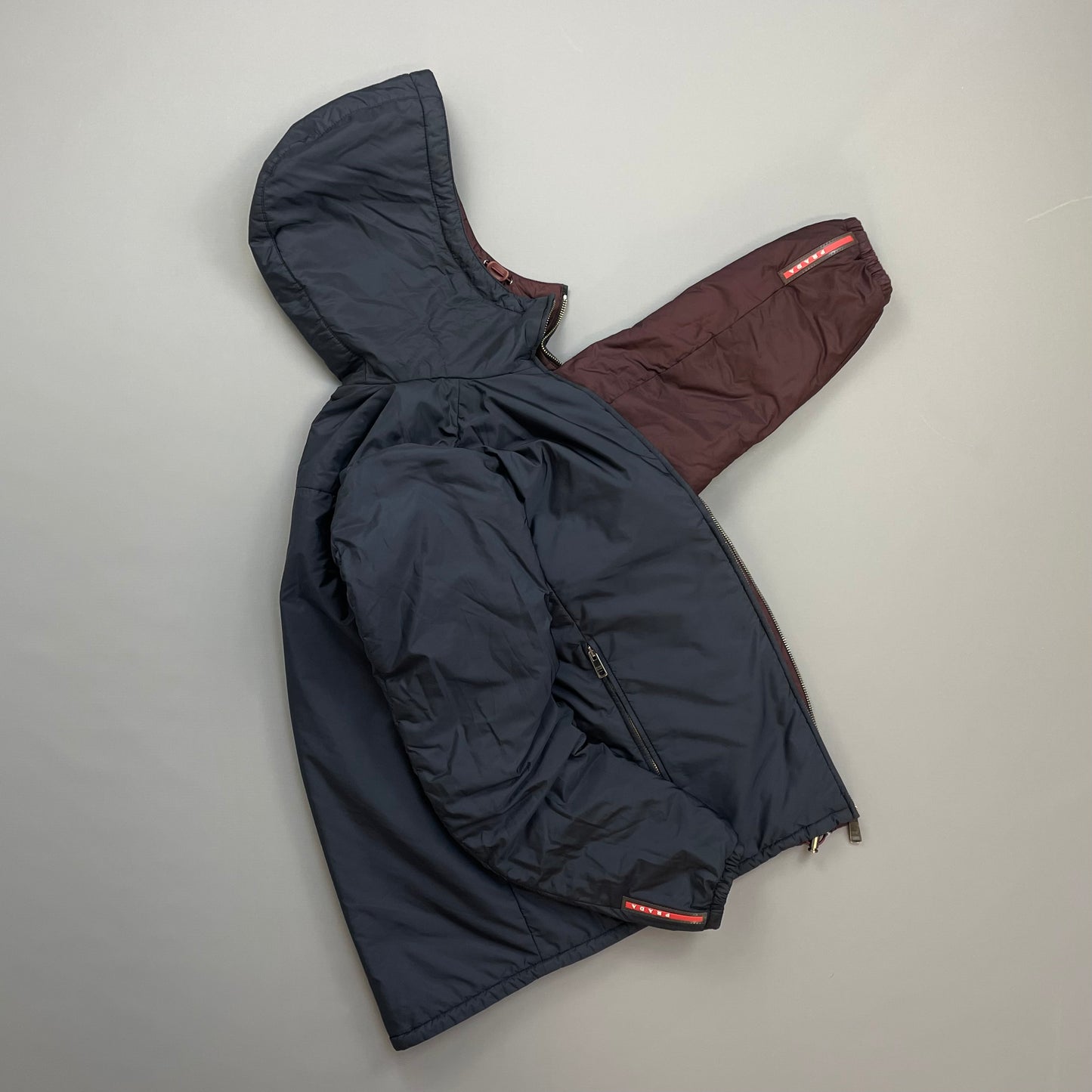 Prada Sport Navy & Burgundy 2018 Nylon Reversible Padded Hooded Jacket