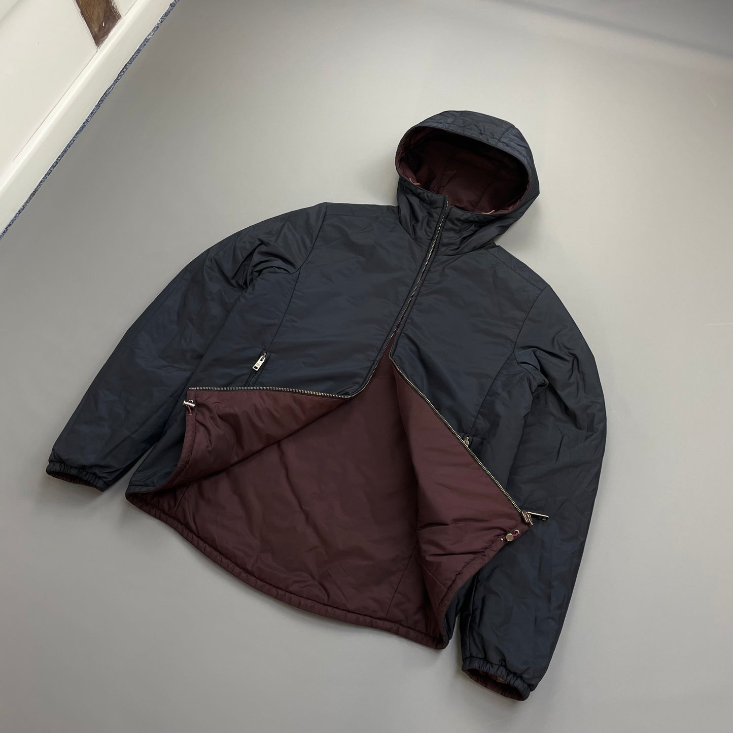 Prada Sport Navy & Burgundy 2018 Nylon Reversible Padded Hooded Jacket