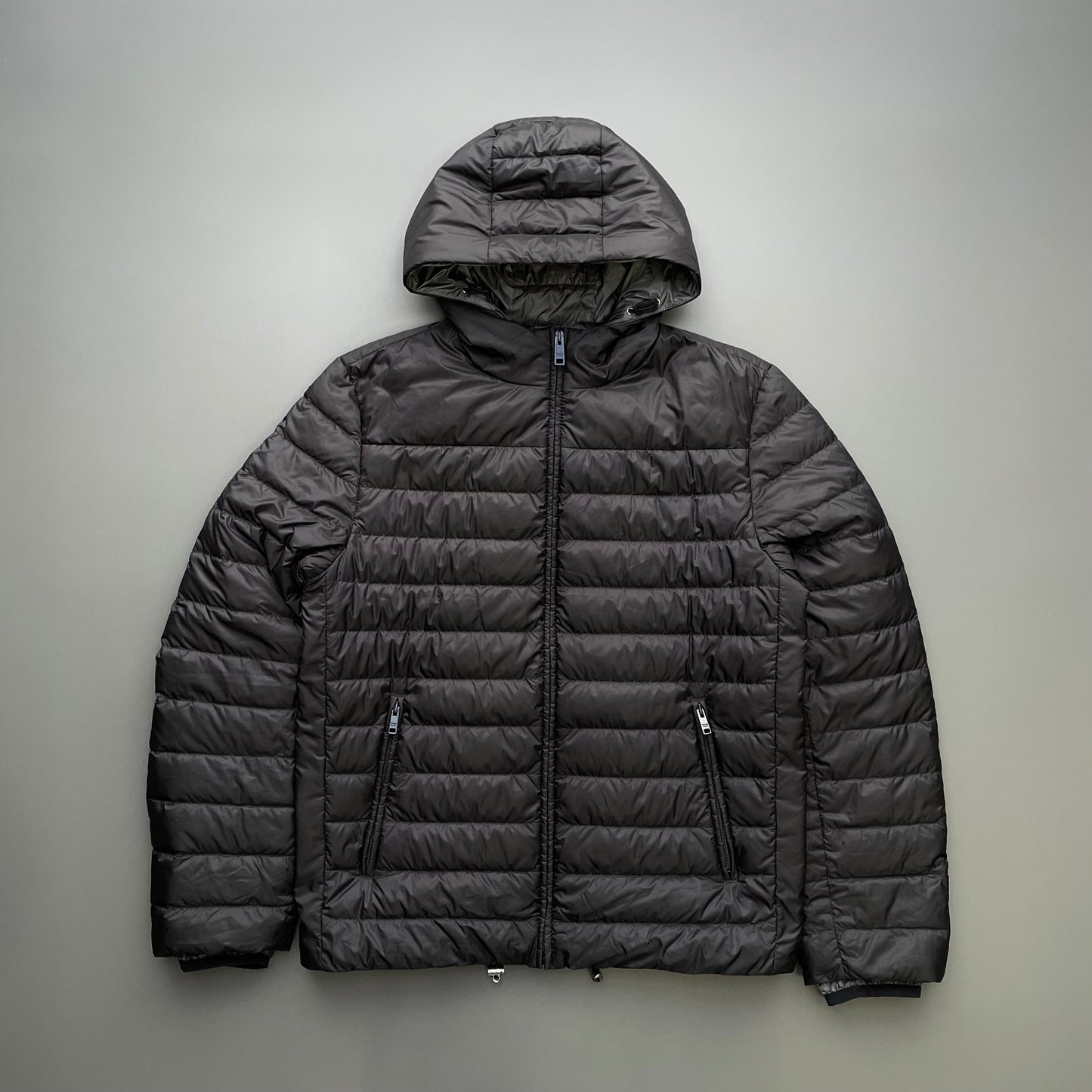 Prada Grey & Black 2019 Lightweight Goose Down Hooded Puffer Jacket