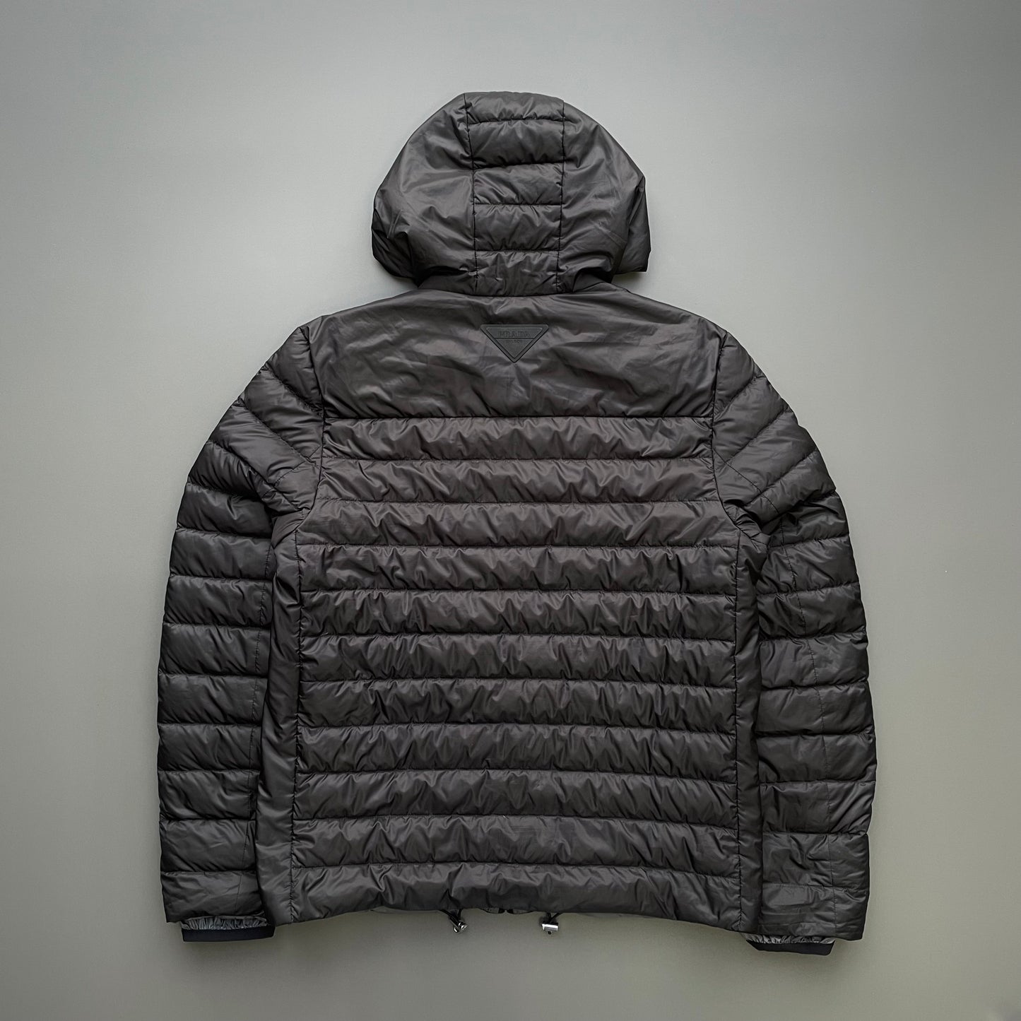 Prada Grey & Black 2019 Lightweight Goose Down Hooded Puffer Jacket