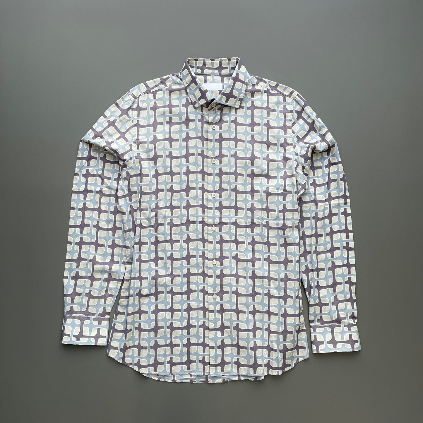 Prada Milano Grey & Blue 00s Geometric Interlink All-Over Print Shirt