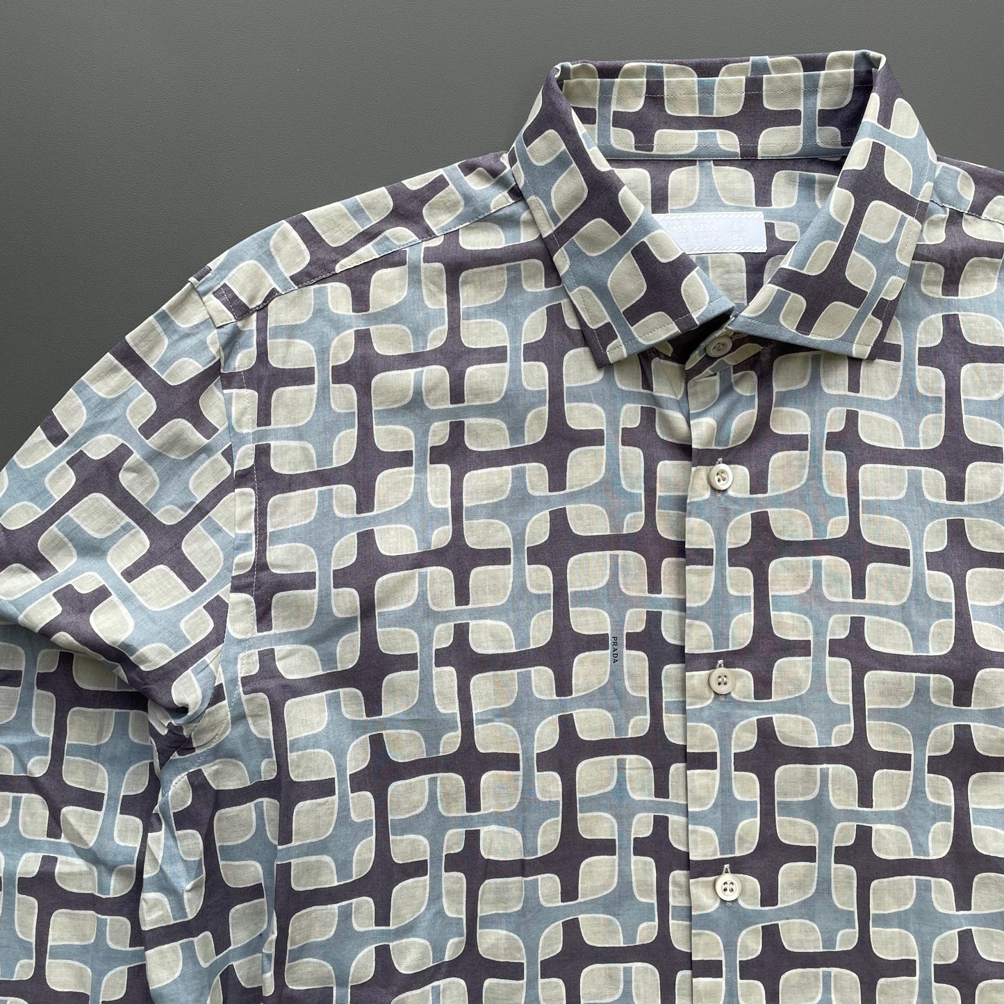 Prada Milano Grey & Blue 00s Geometric Interlink All-Over Print Shirt